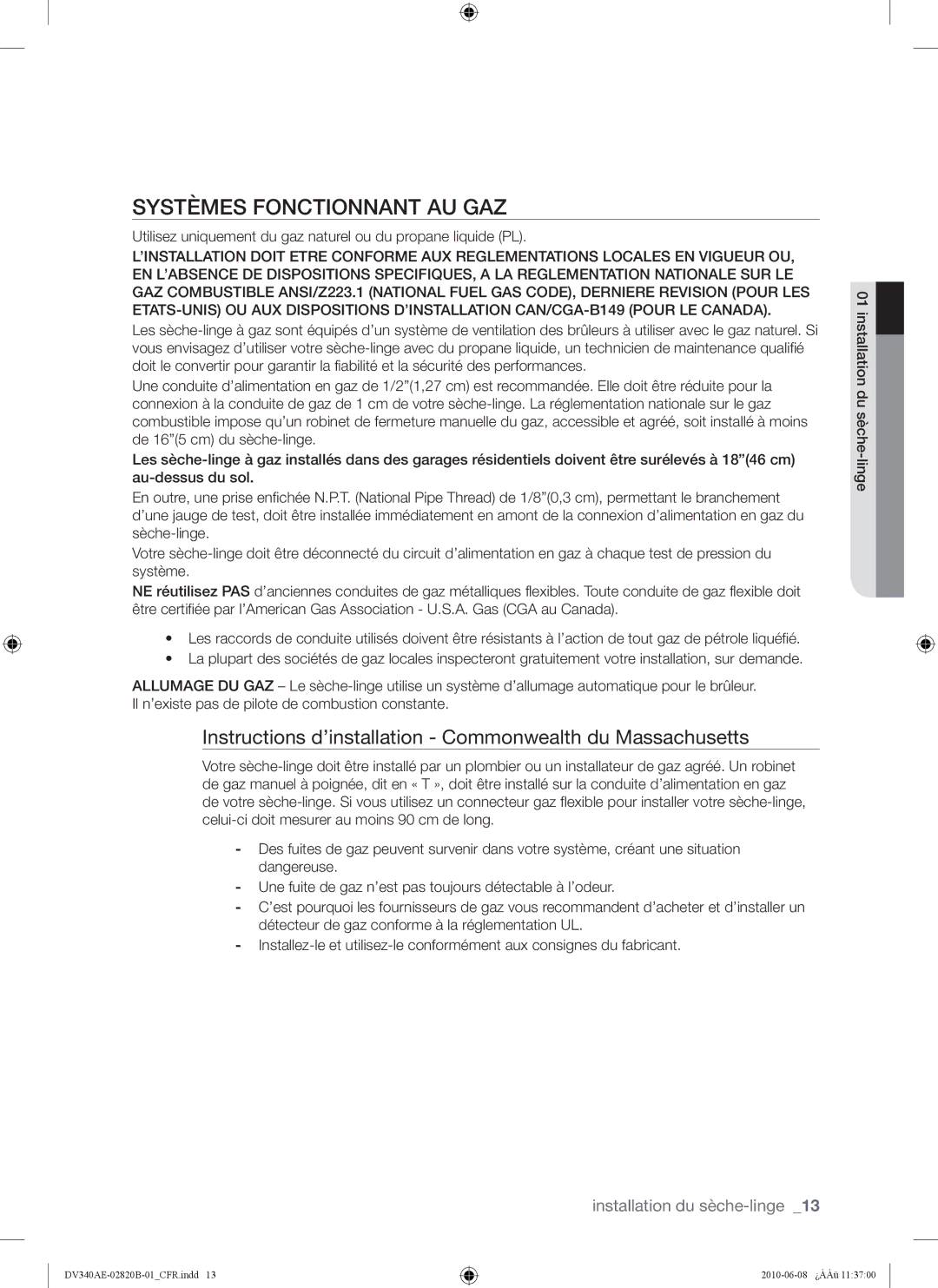 Samsung DV340AER user manual Systèmes Fonctionnant AU GAZ, Instructions d’installation Commonwealth du Massachusetts 