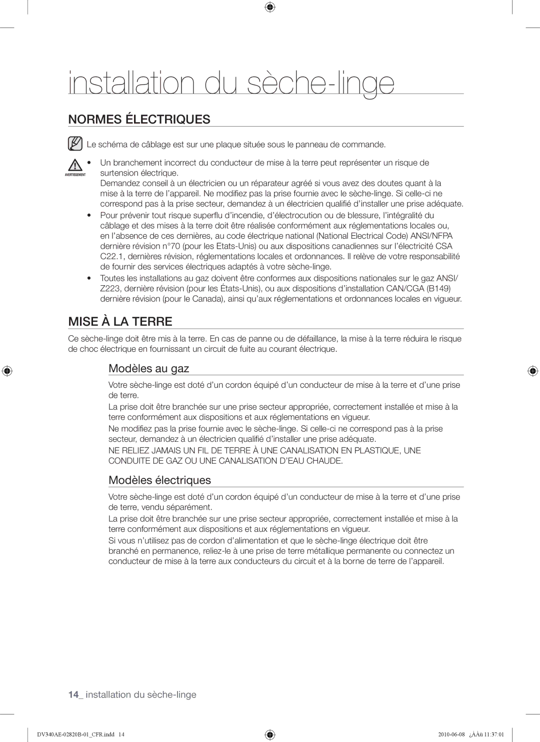 Samsung DV340AER user manual Normes Électriques, Mise À LA Terre, Modèles au gaz, Modèles électriques 