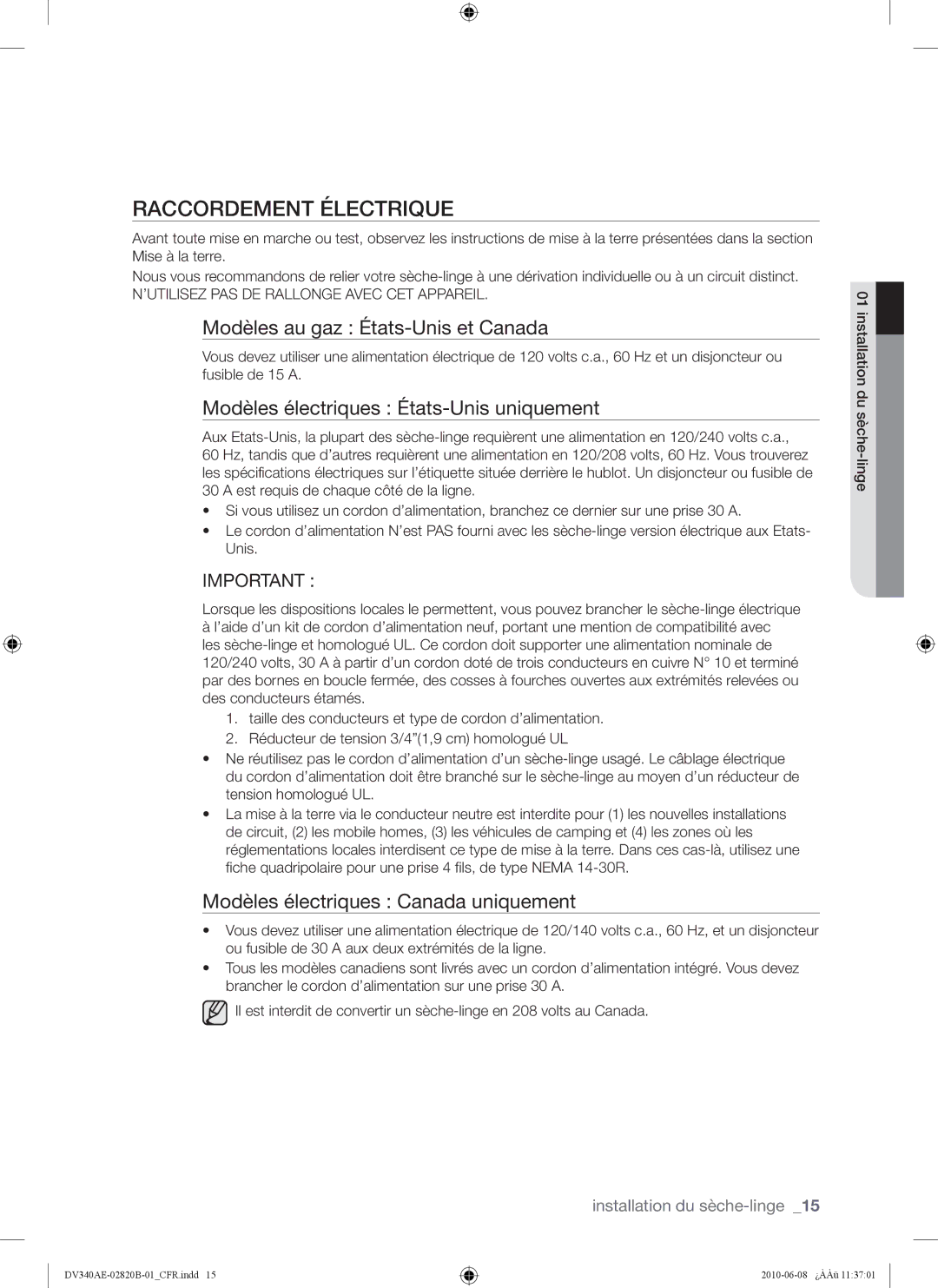 Samsung DV340AER Raccordement Électrique, Modèles au gaz États-Unis et Canada, Modèles électriques États-Unis uniquement 