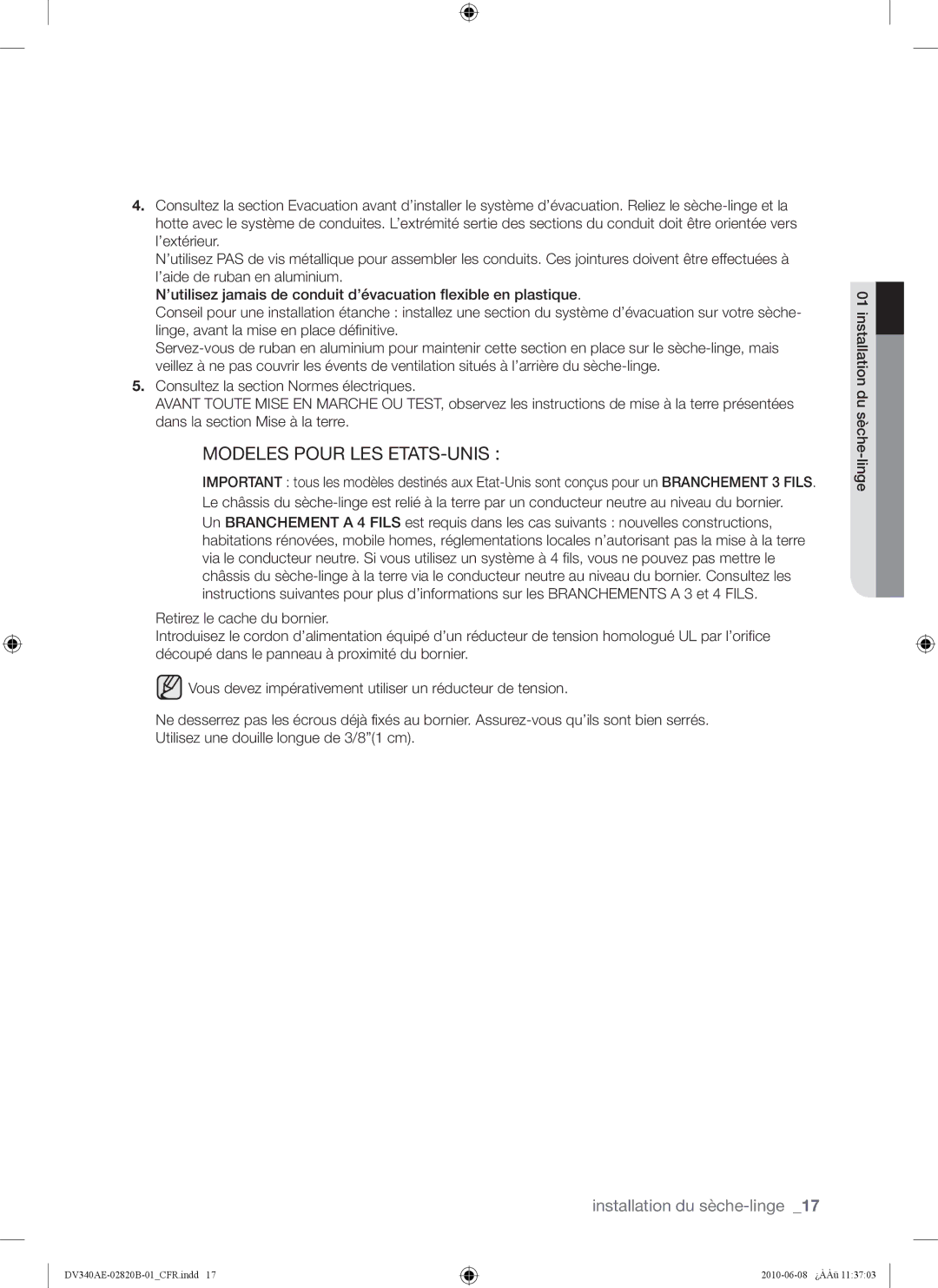 Samsung DV340AER user manual Modeles Pour LES ETATS-UNIS 