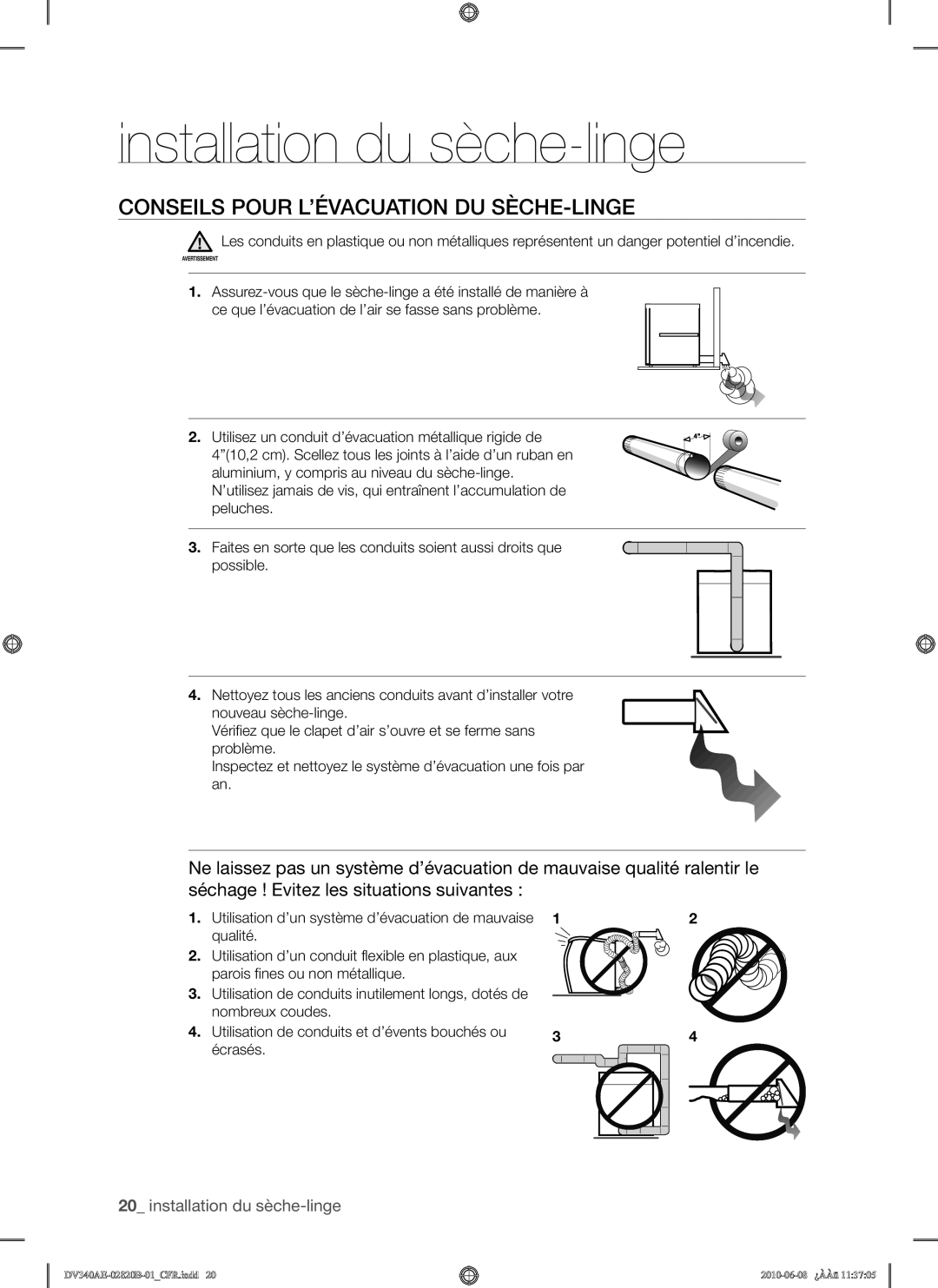 Samsung DV340AER user manual Conseils Pour L’ÉVACUATION DU SÈCHE-LINGE 