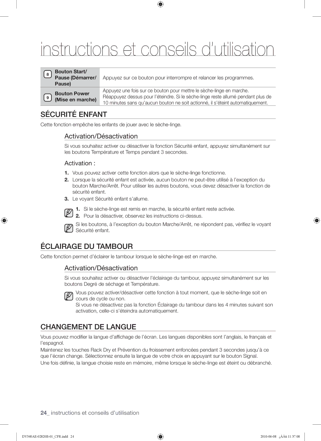 Samsung DV340AER user manual Sécurité Enfant, Éclairage DU Tambour, Changement DE Langue, Activation/Désactivation 