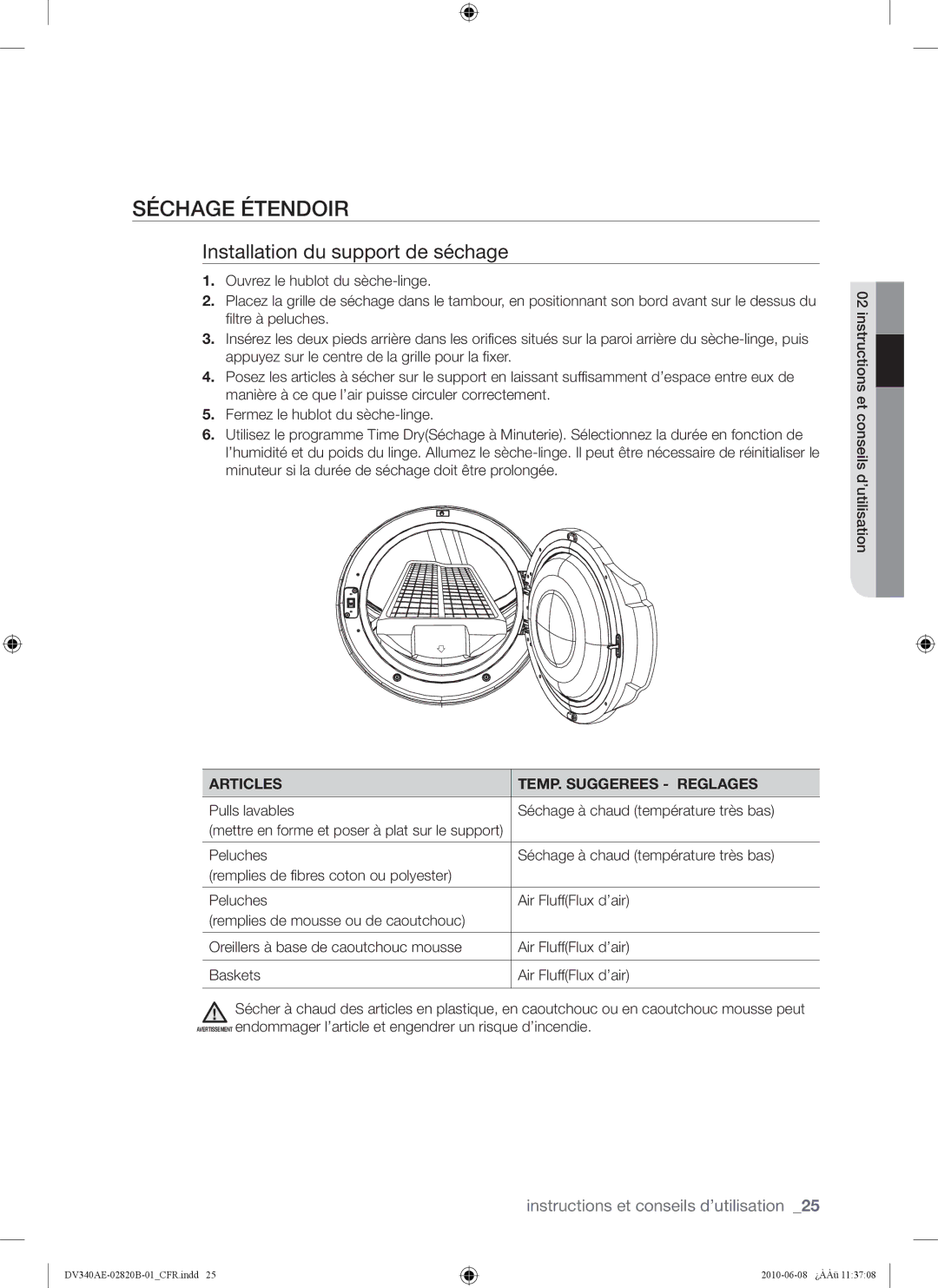 Samsung DV340AER user manual Séchage Étendoir, Installation du support de séchage, Articles TEMP. Suggerees Reglages 