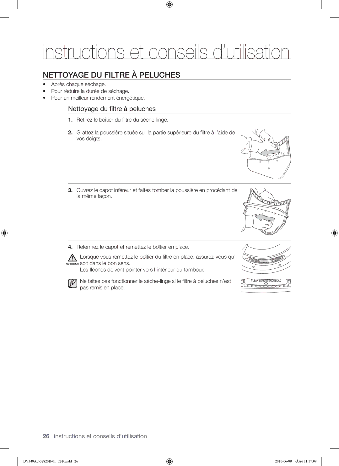 Samsung DV340AER user manual Nettoyage DU Filtre À Peluches, Nettoyage du filtre à peluches 