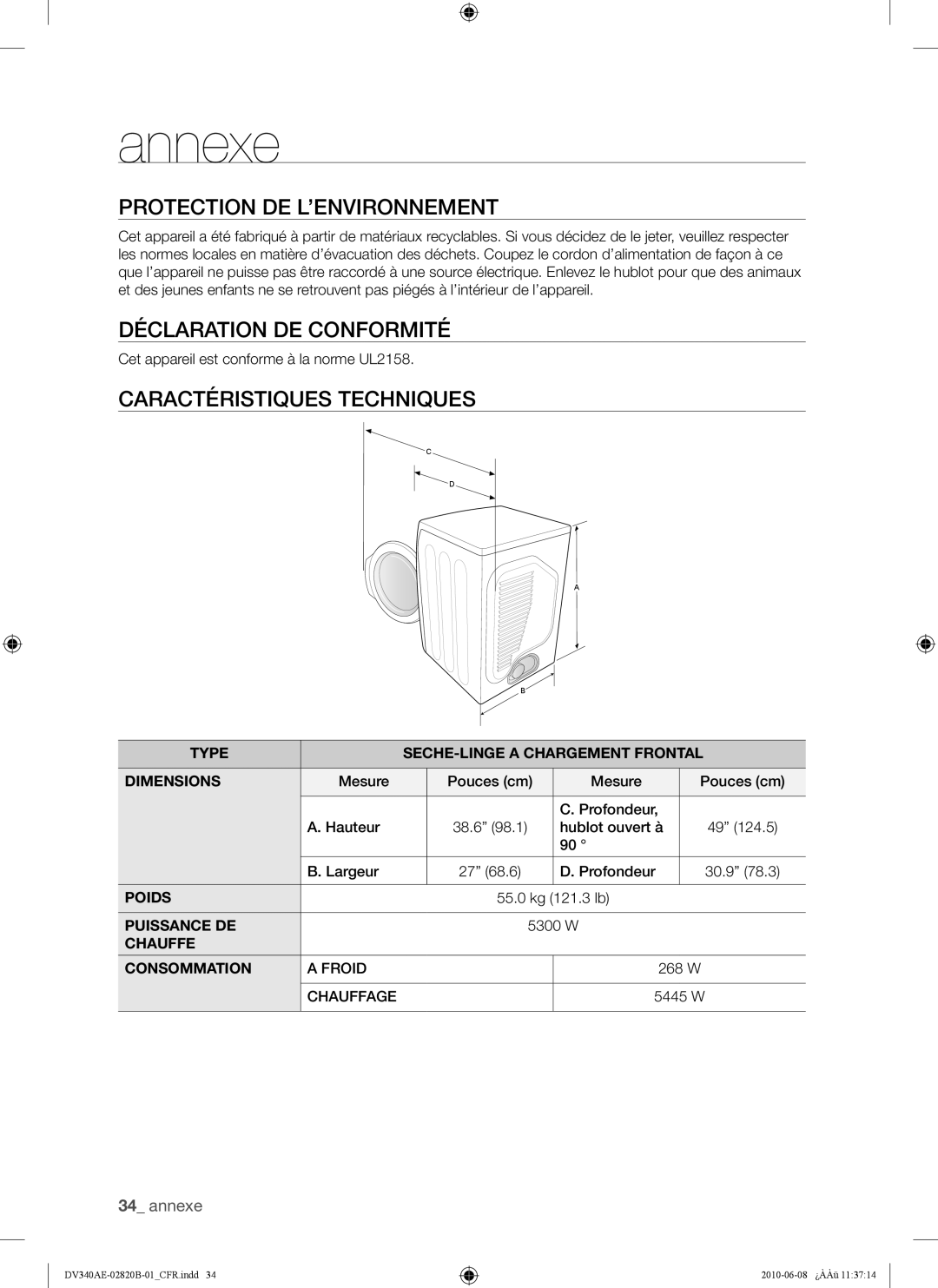 Samsung DV340AER user manual Protection DE L’ENVIRONNEMENT, Déclaration DE Conformité, Caractéristiques Techniques 