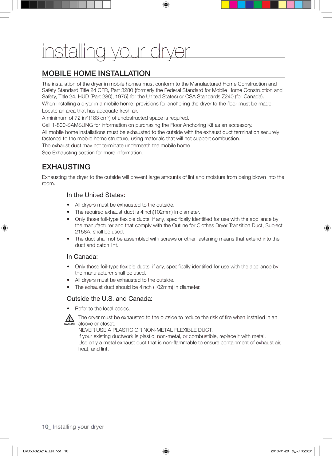 Samsung DV350AE*, DV350AG* user manual Mobile Home Installation, Exhausting, United States, Outside the U.S. and Canada 