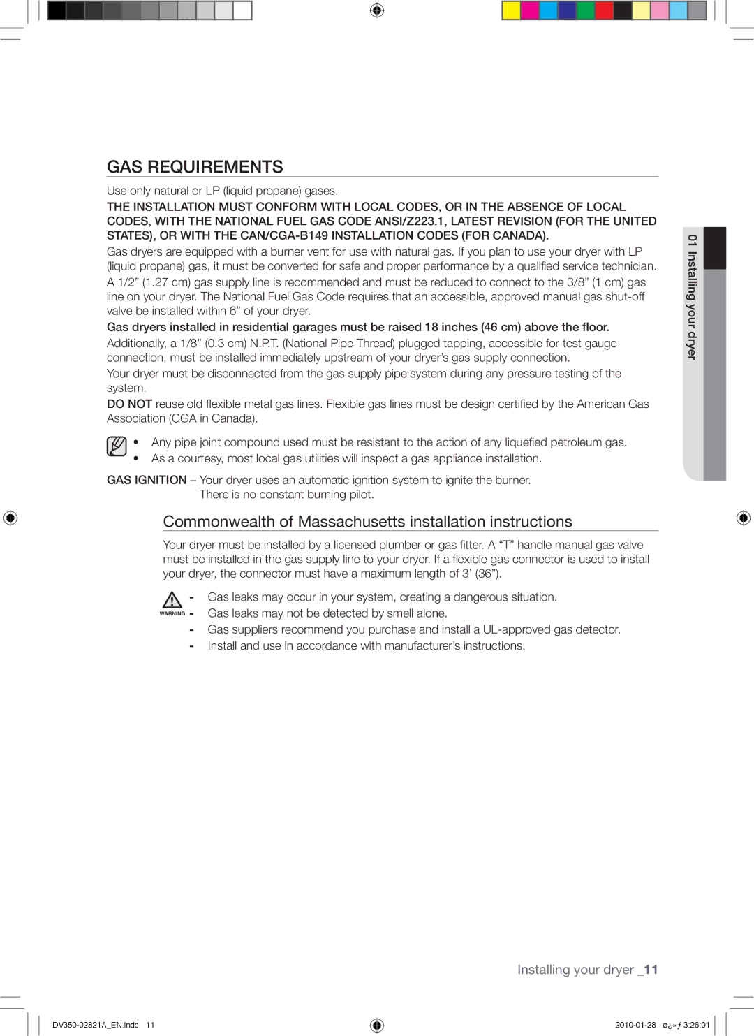 Samsung DV350AG*, DV350AE* user manual GAS Requirements, Commonwealth of Massachusetts installation instructions 