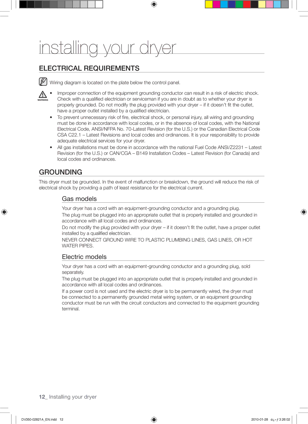 Samsung DV350AE*, DV350AG* user manual Electrical Requirements, Grounding, Gas models, Electric models 