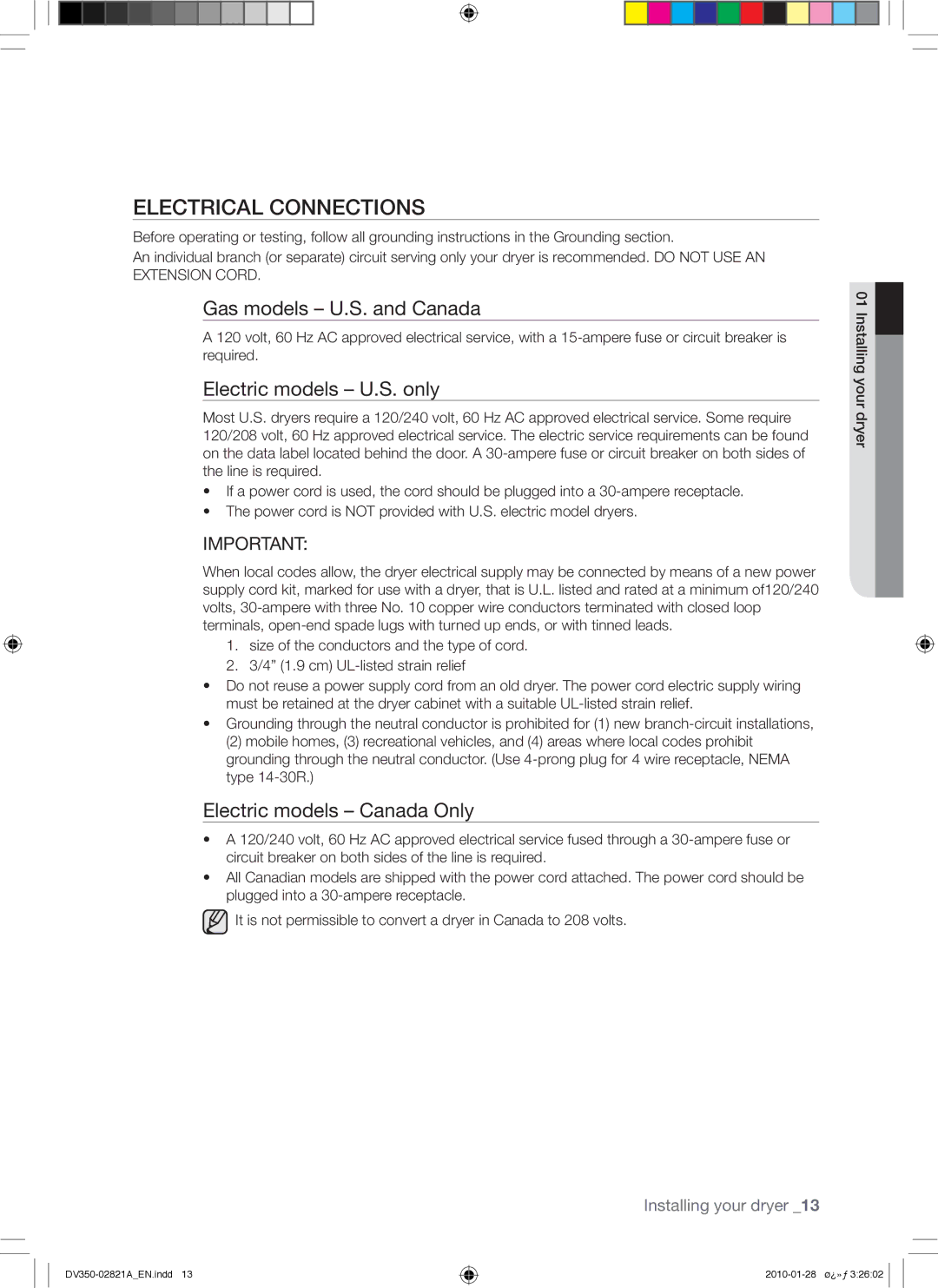 Samsung DV350AG*, DV350AE* user manual Electrical Connections, Gas models U.S. and Canada, Electric models U.S. only 