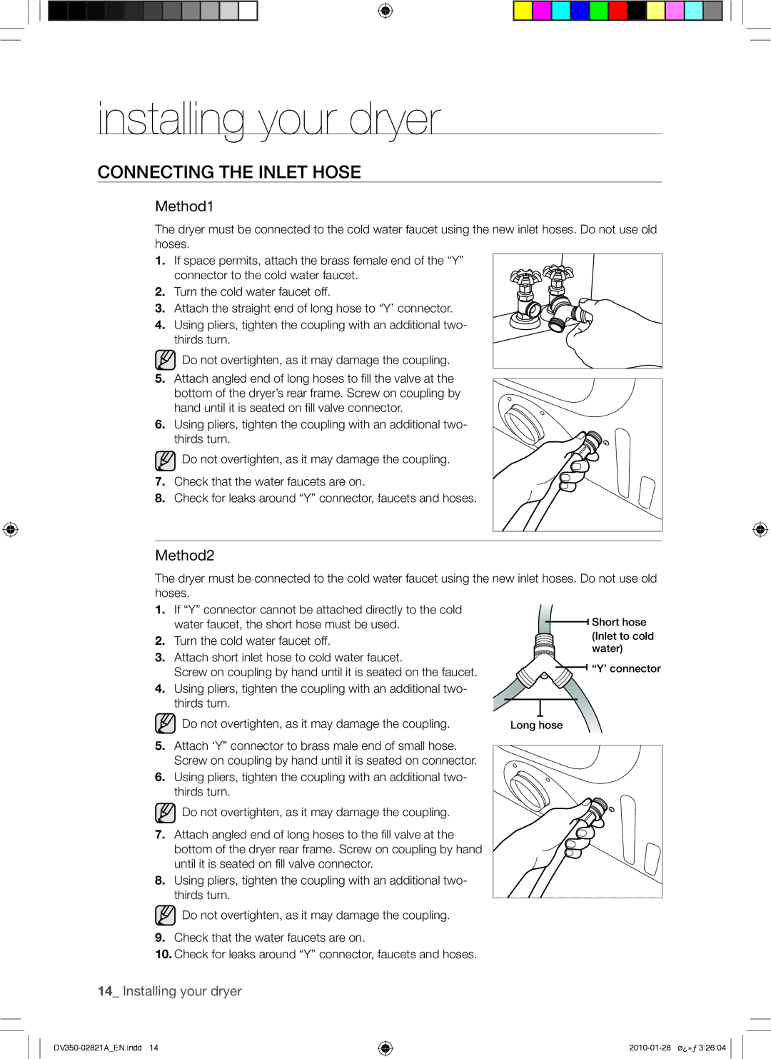 Samsung DV350AE*, DV350AG* user manual Connecting the Inlet Hose, Method1, Method2 