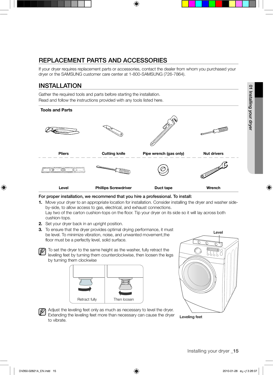 Samsung DV350AG*, DV350AE* user manual Replacement Parts and Accessories, Installation, Tools and Parts 