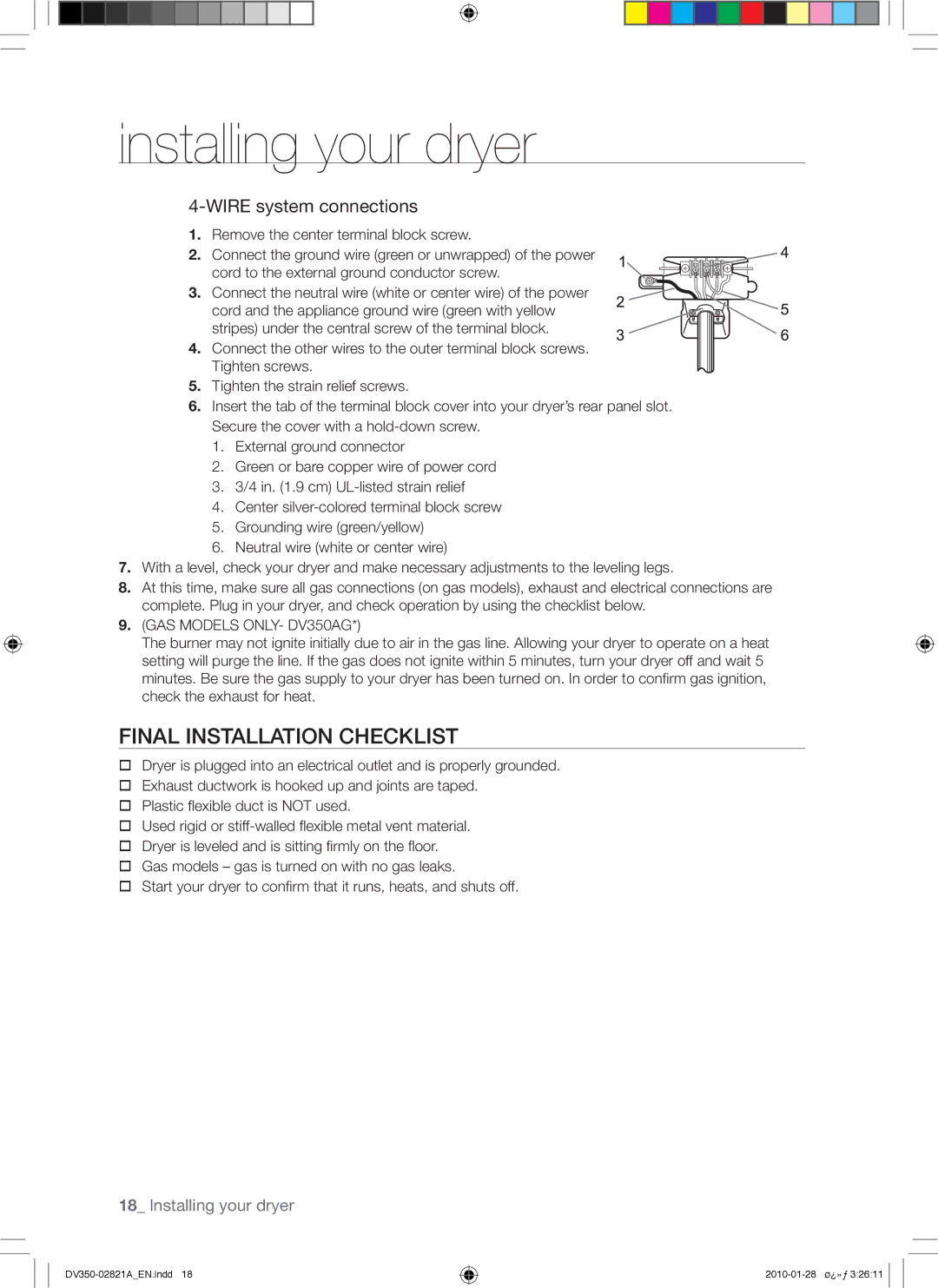 Samsung DV350AE*, DV350AG* user manual Final Installation Checklist, GAS Models ONLY- DV350AG 