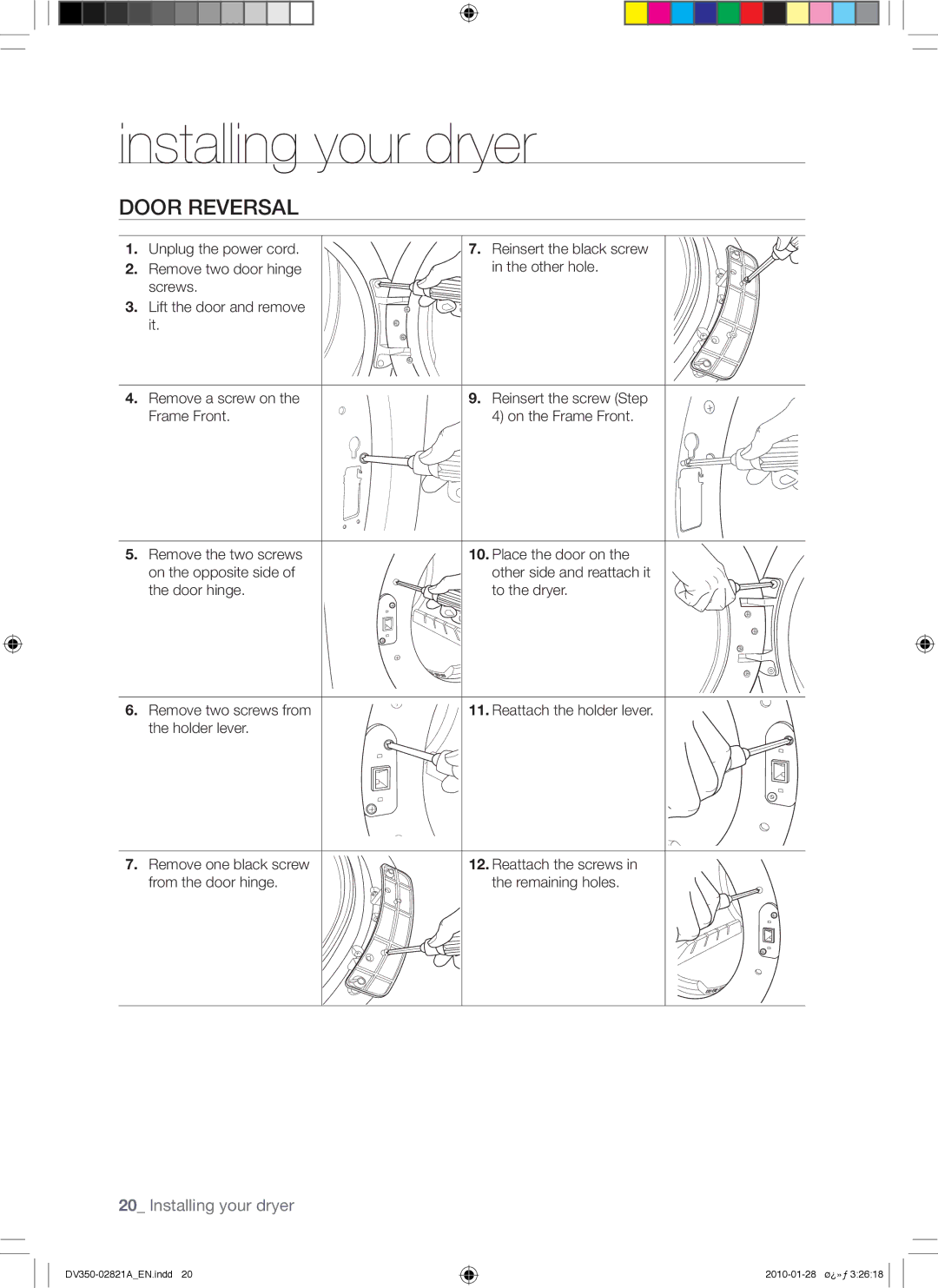 Samsung DV350AE*, DV350AG* user manual Door Reversal 