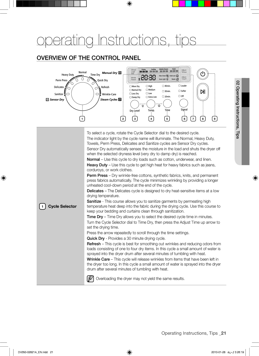 Samsung DV350AG*, DV350AE* user manual Operating Instructions, tips, Overview of the Control Panel 