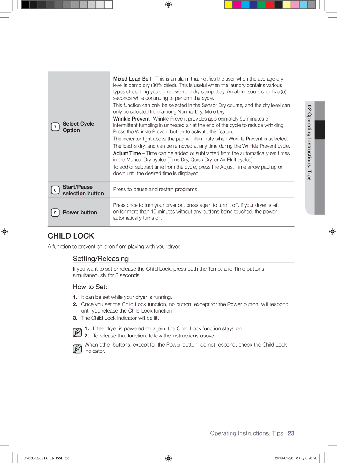 Samsung DV350AG*, DV350AE* user manual Child Lock, Setting/Releasing, How to Set, Select Cycle Option 