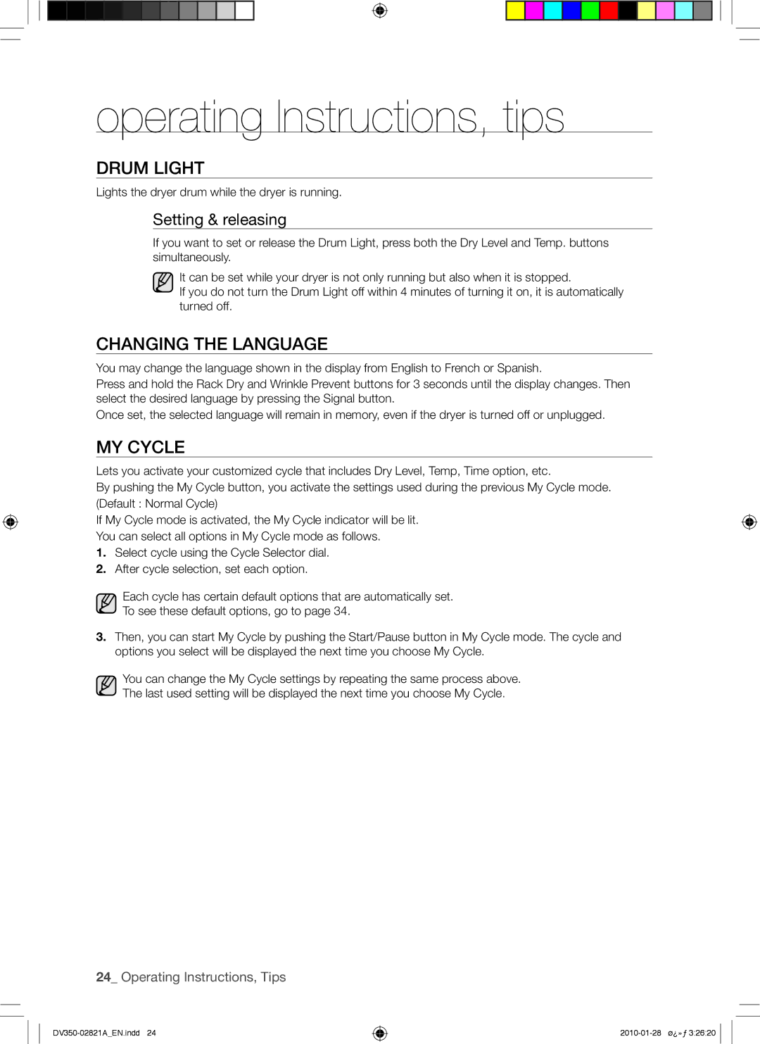 Samsung DV350AE*, DV350AG* user manual Drum Light, Changing the Language, MY Cycle, Setting & releasing 