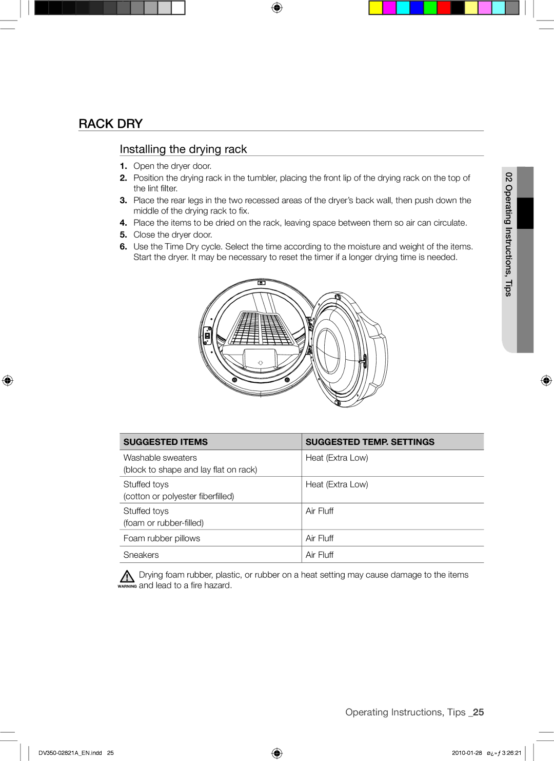 Samsung DV350AG*, DV350AE* user manual Rack DRY, Installing the drying rack, Suggested Items Suggested TEMP. Settings 