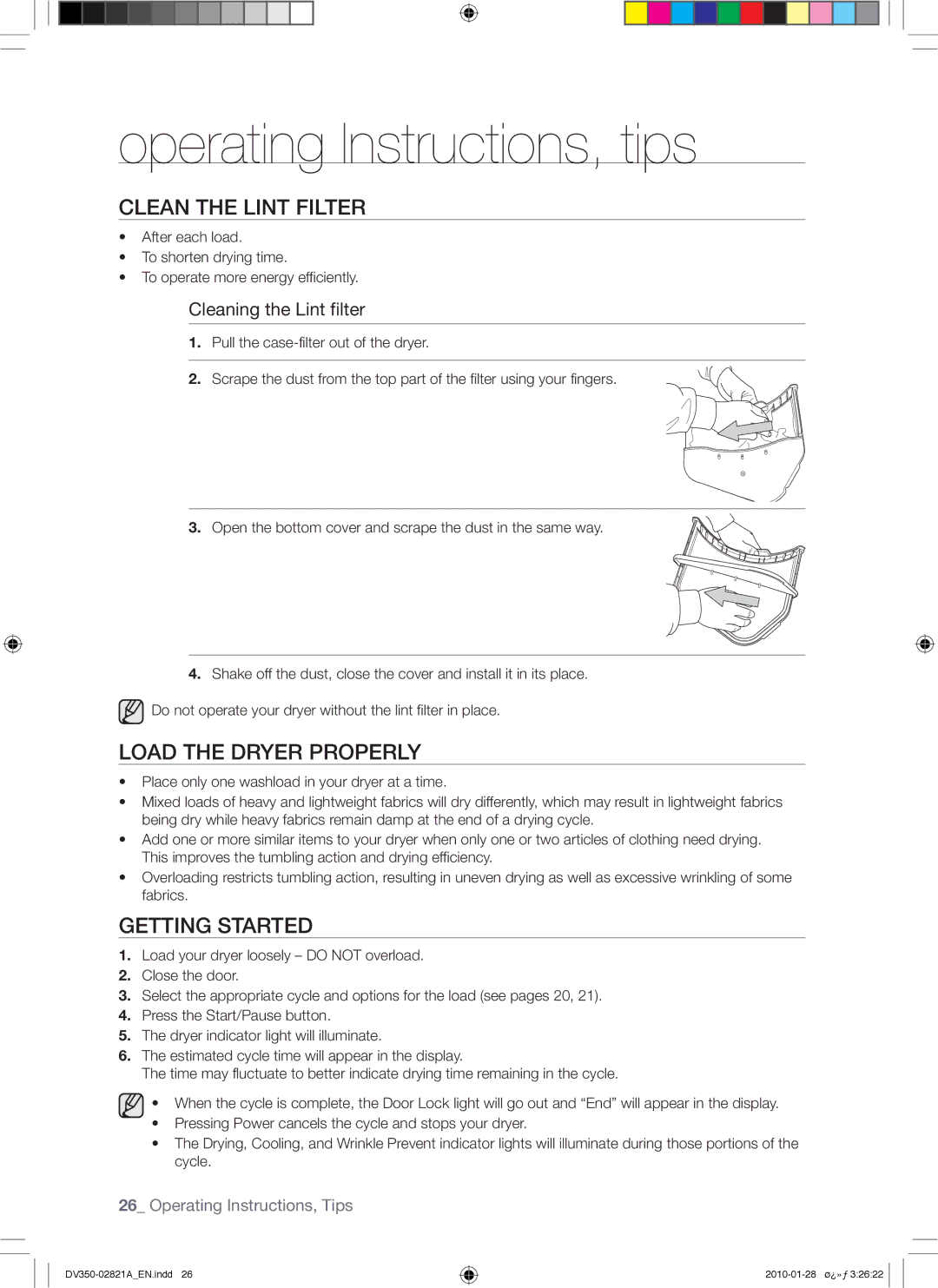 Samsung DV350AE*, DV350AG* Clean the Lint Filter, Load the Dryer Properly, Getting Started, Cleaning the Lint filter 