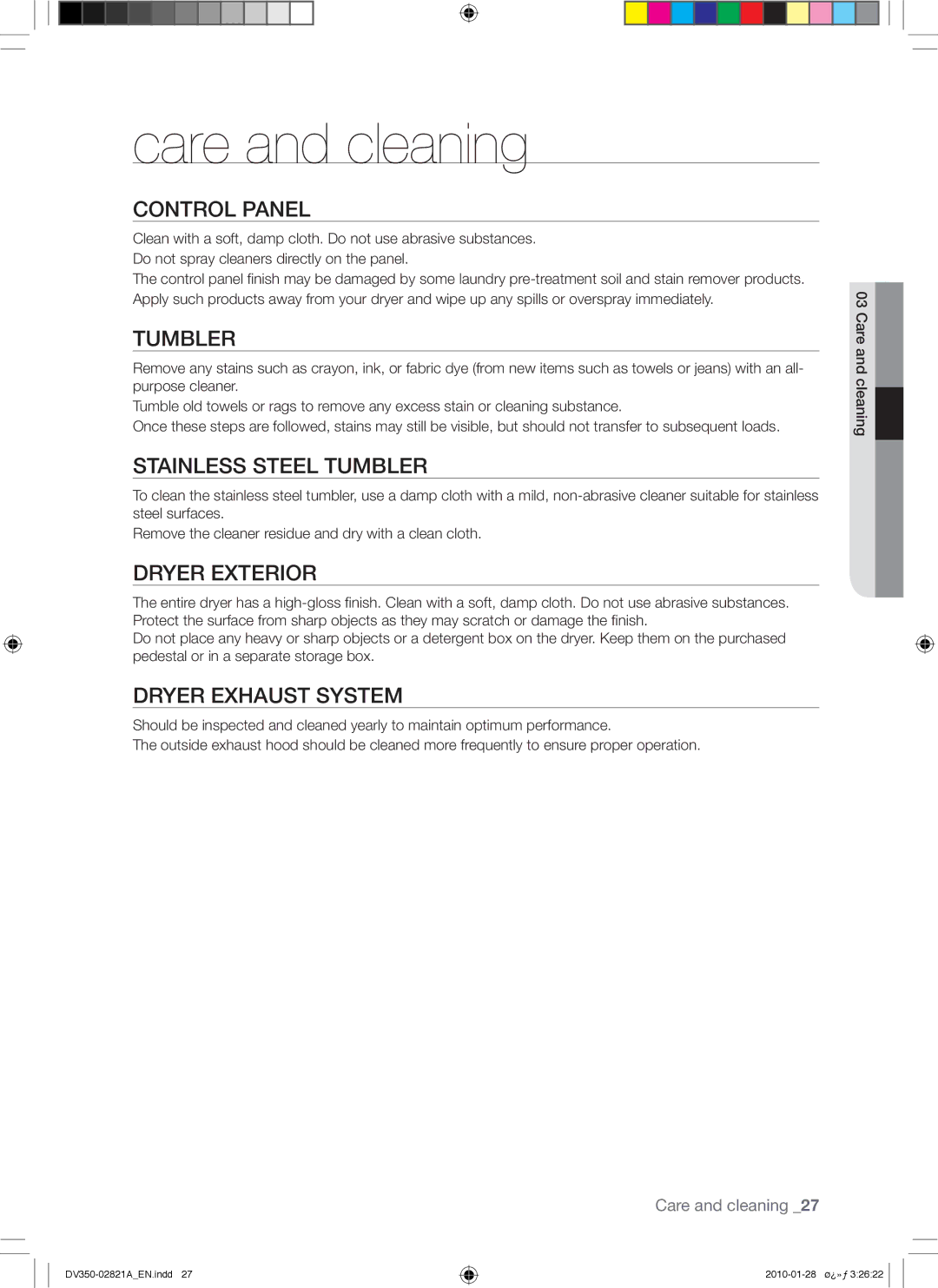 Samsung DV350AG*, DV350AE* user manual Care and cleaning 