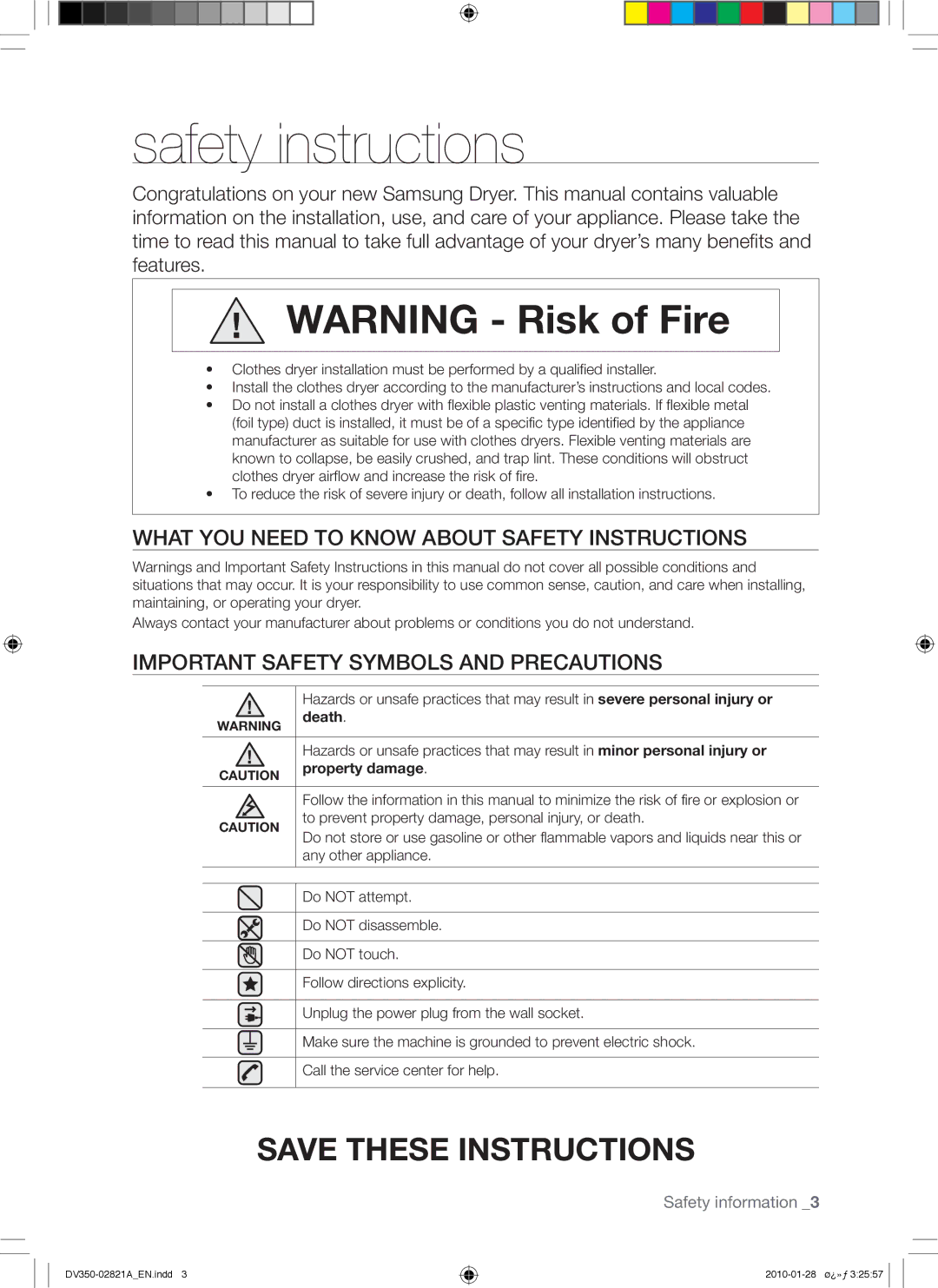 Samsung DV350AG*, DV350AE* Safety instructions, What YOU Need to Know about Safety Instructions, Death, Property damage 