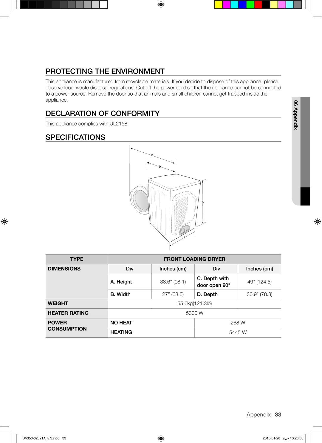 Samsung DV350AG*, DV350AE* user manual Protecting the Environment, Declaration of Conformity, Specifications 