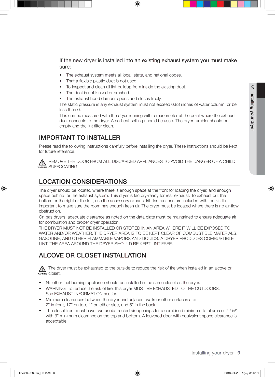 Samsung DV350AG*, DV350AE* user manual Important to Installer, Location Considerations, Alcove or Closet Installation 