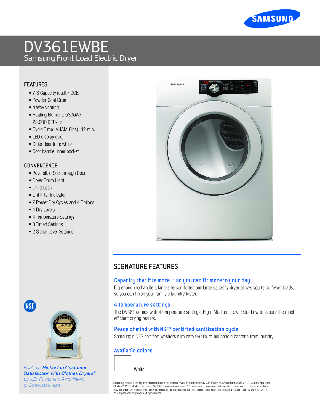 Samsung DV361EWBE manual Features, Convenience 