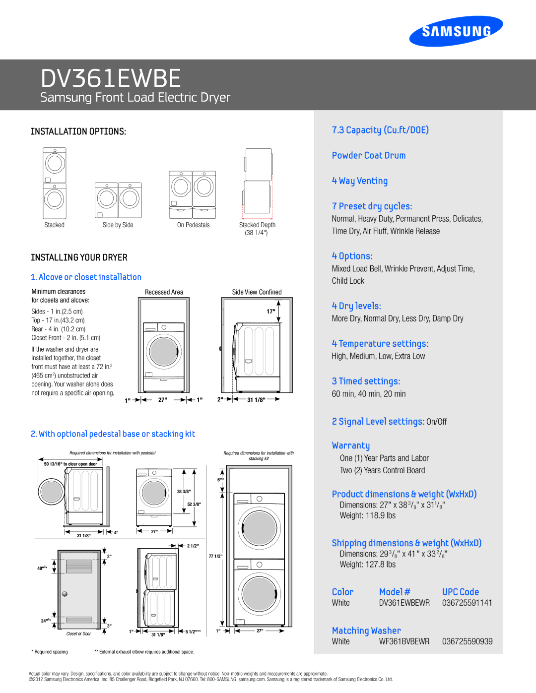 Samsung DV361EWBE manual Installation Options, Installing Your Dryer 