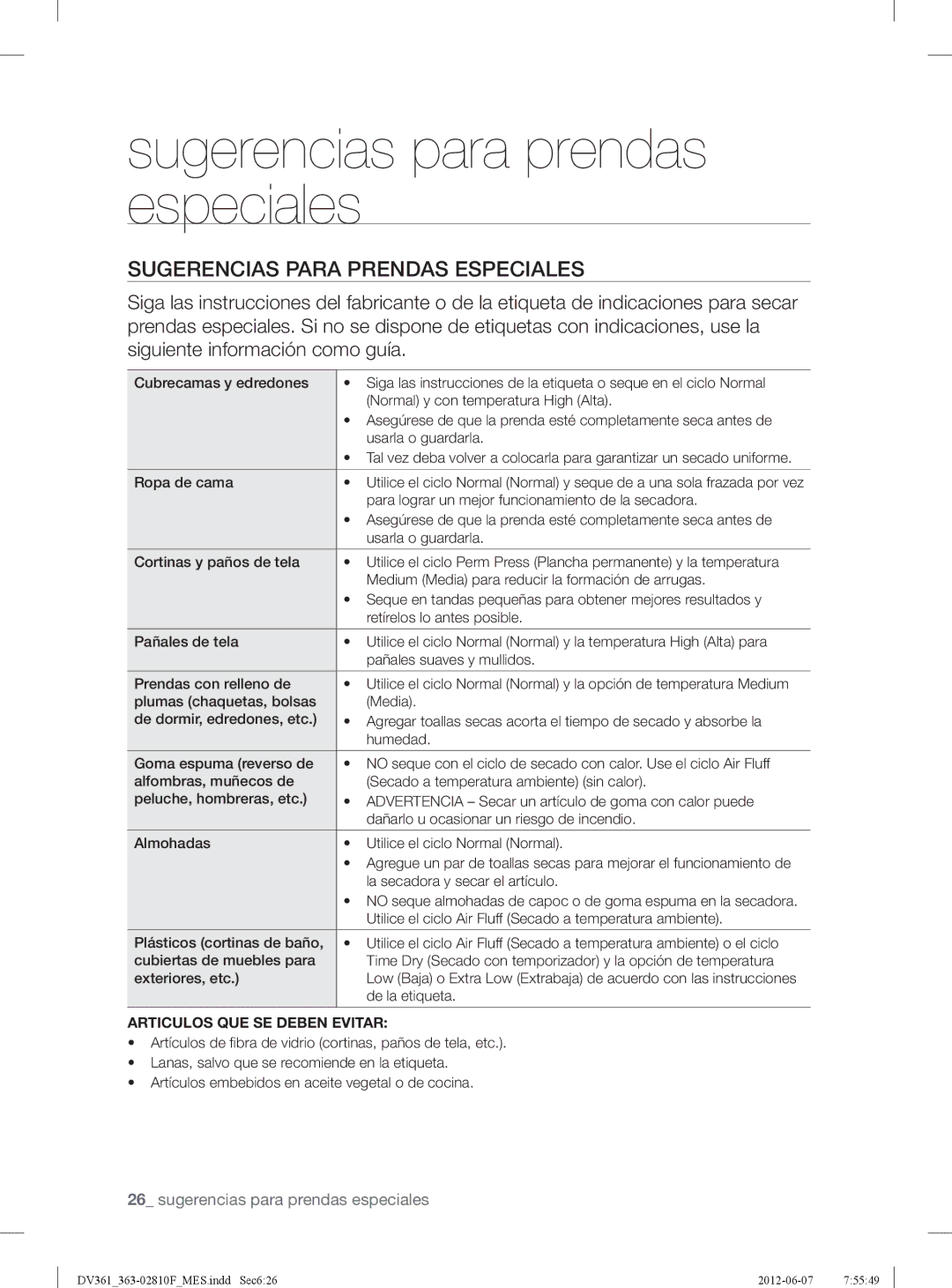 Samsung DV361EWBEWRA3, DV361GWBEWR user manual Sugerencias para prendas especiales, Sugerencias Para Prendas Especiales 