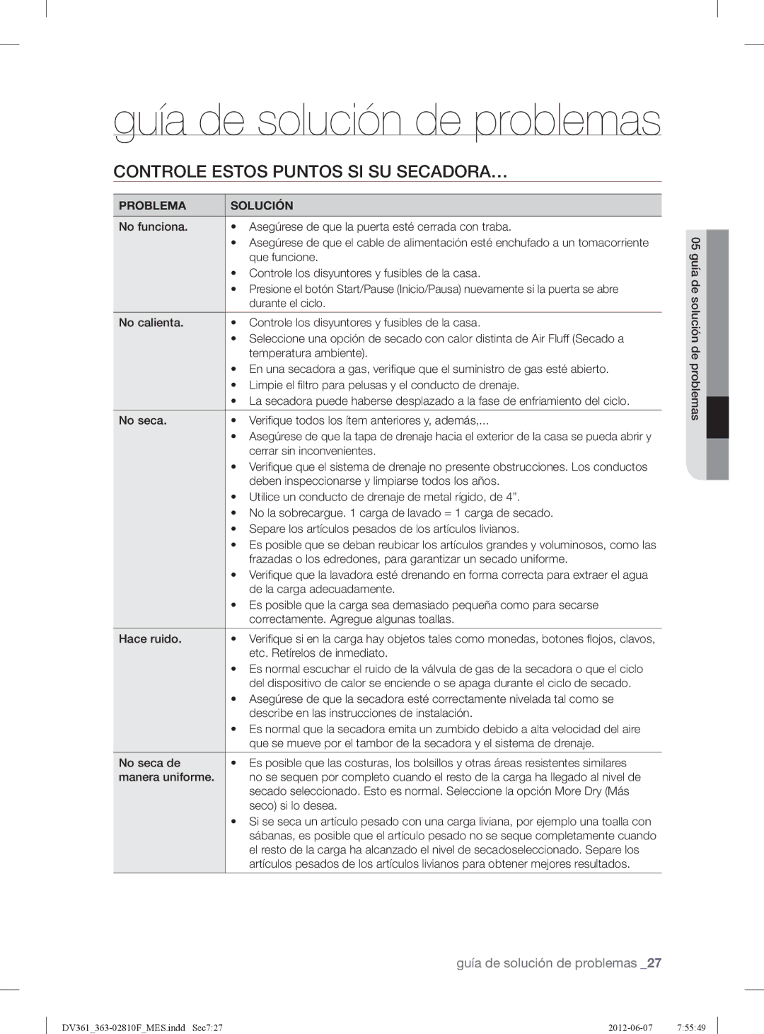 Samsung DV361EWBEWRA3, DV361GWBEWR user manual Controle Estos Puntos SI SU SECADORA…, Problema Solución 