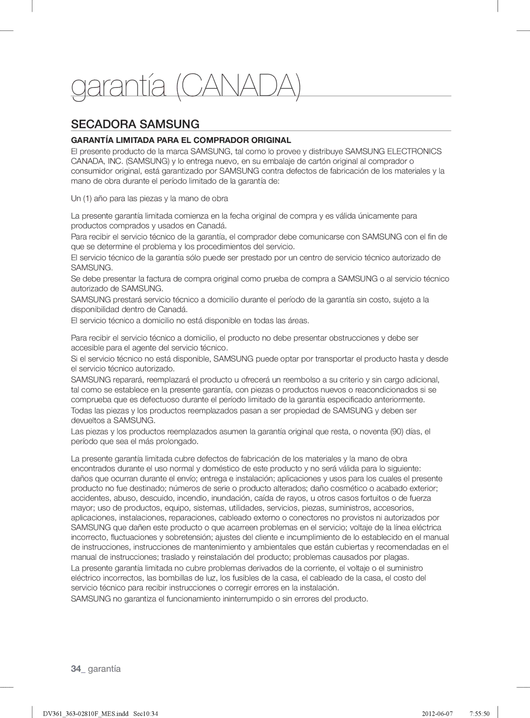 Samsung DV361GWBEWR, DV361EWBEWRA3 user manual Garantía Canada 