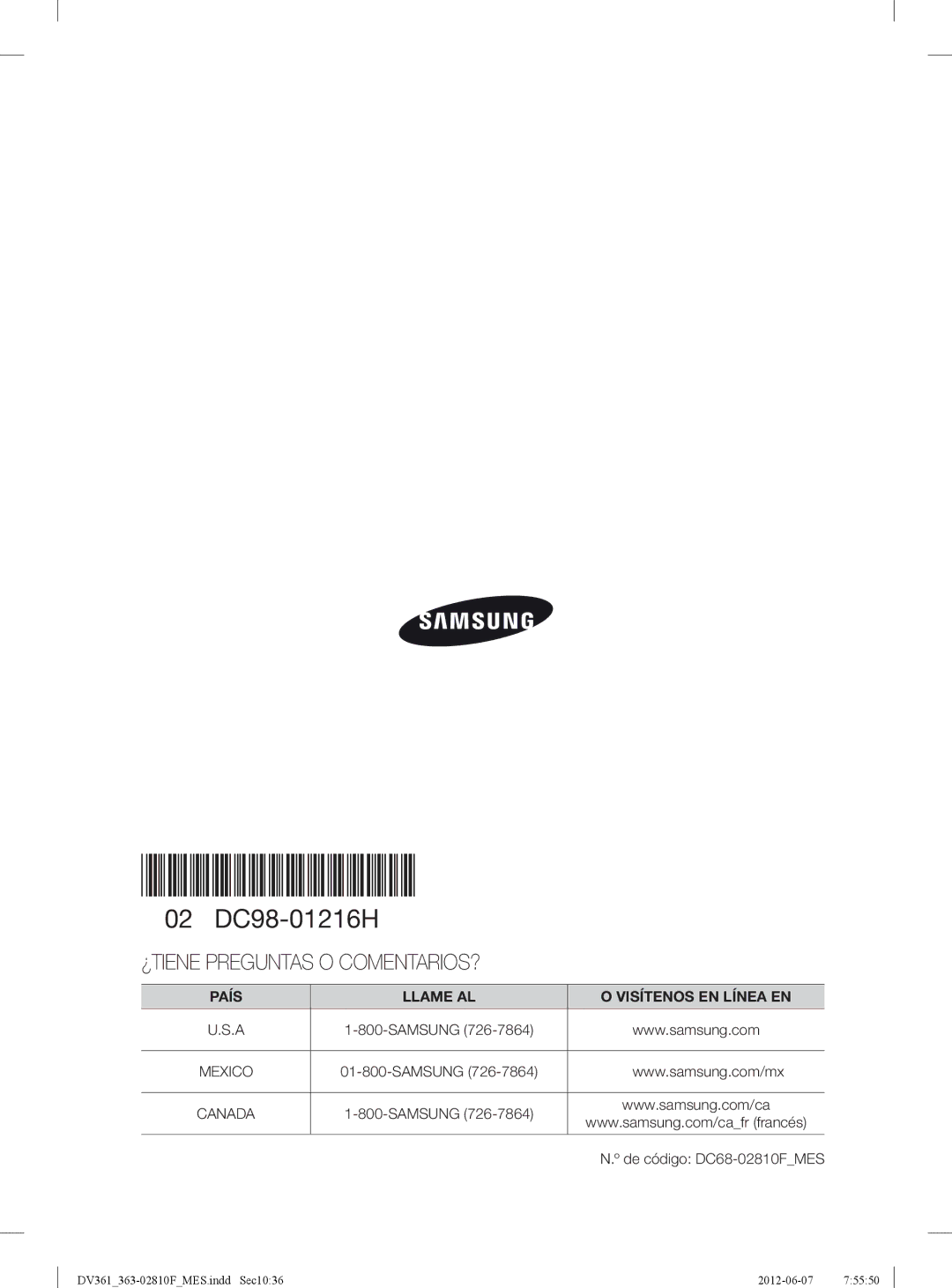 Samsung DV361EWBEWRA3, DV361GWBEWR user manual 02DC9801216H, País Llame AL Visítenos EN Línea EN 