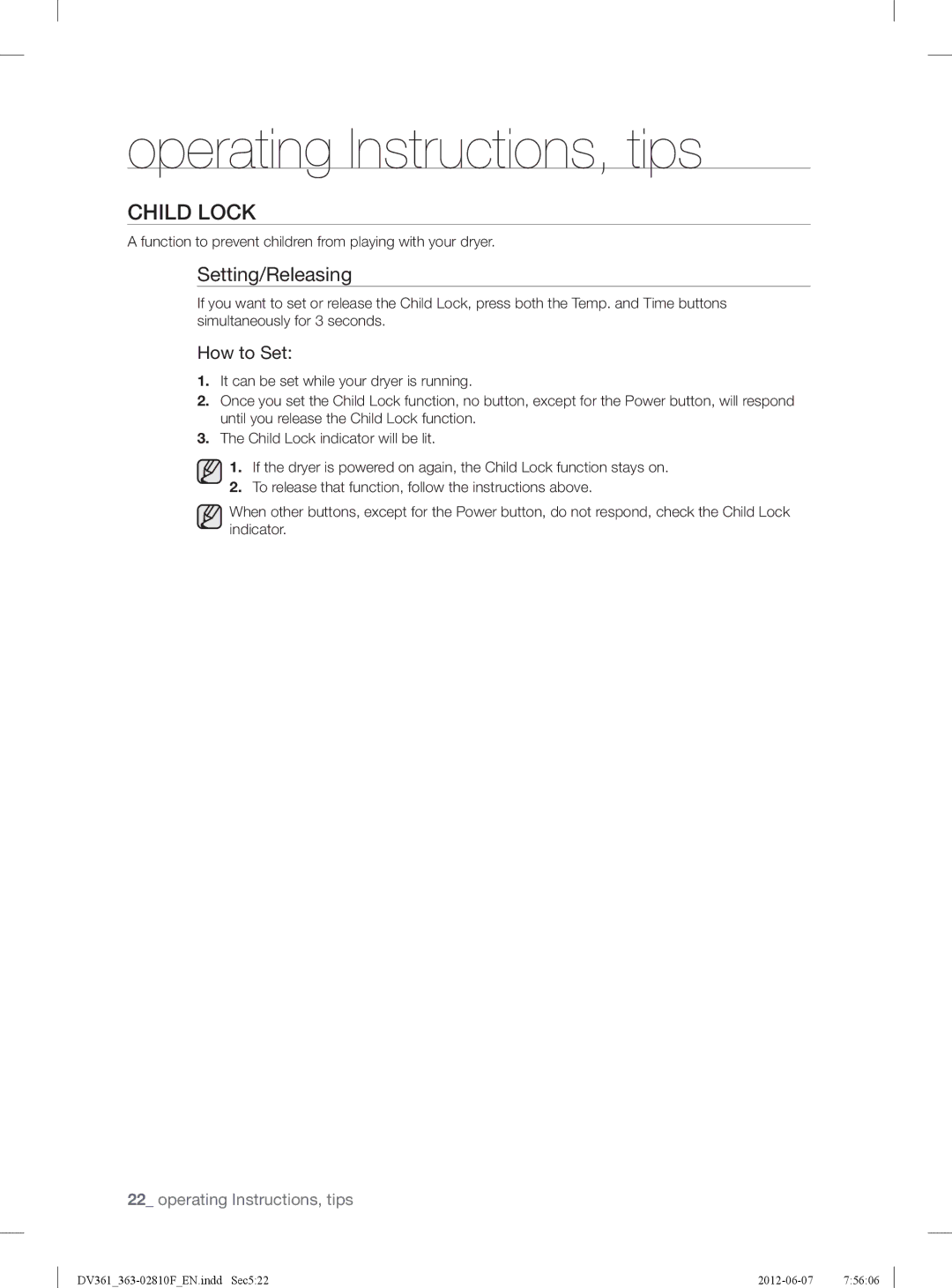 Samsung DV361EWBEWR Child Lock, Setting/Releasing, How to Set, Function to prevent children from playing with your dryer 