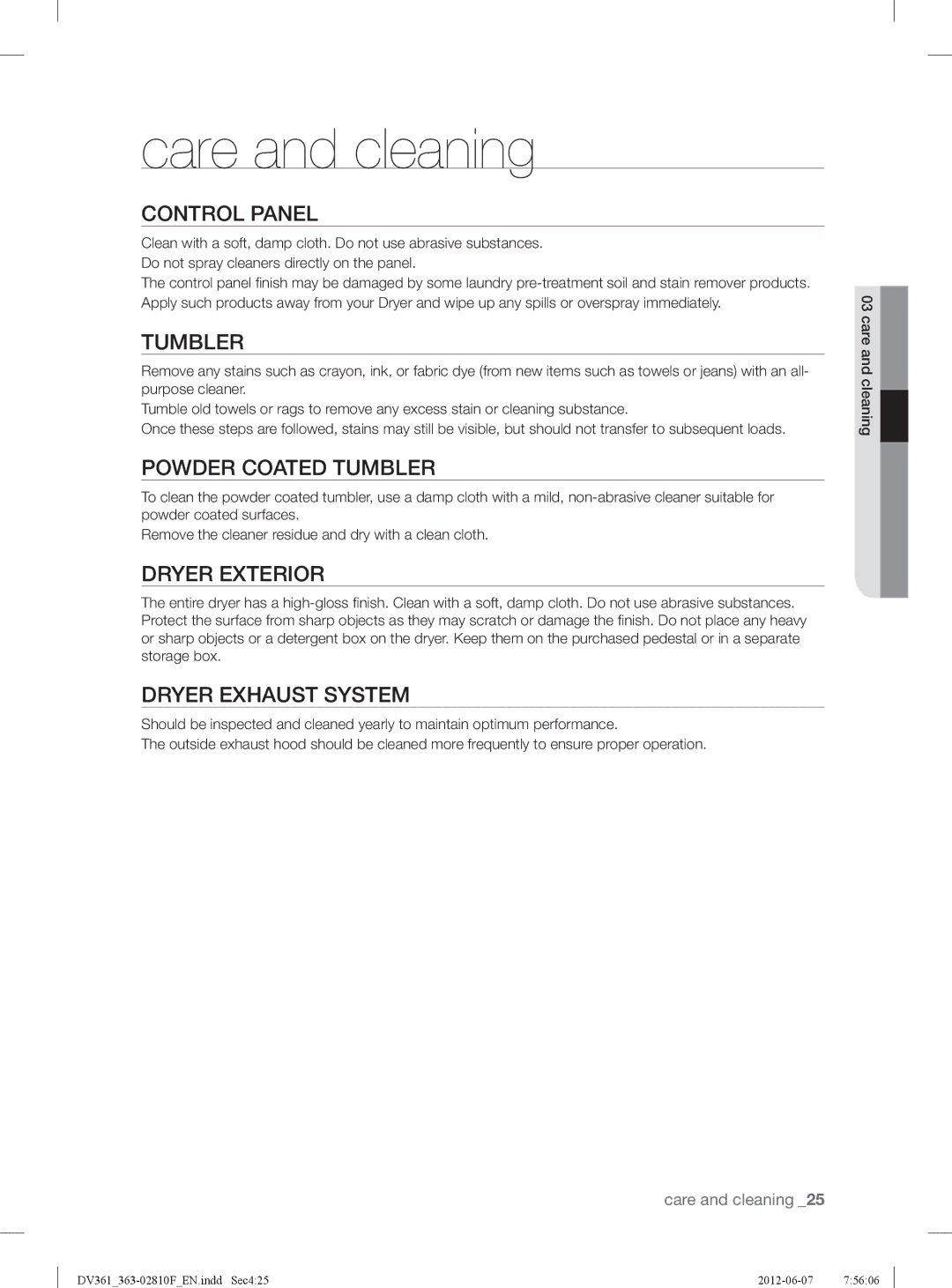 Samsung DV361EWBEWRA3, DV361GWBEWR user manual Care and cleaning 