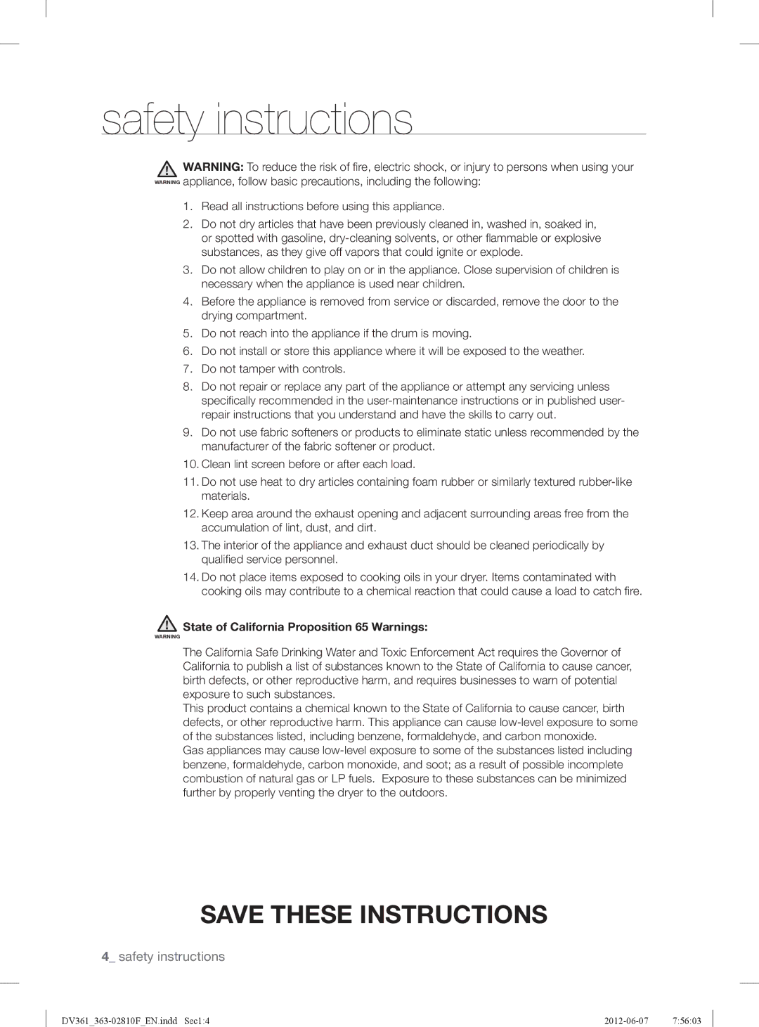 Samsung DV361EWBEWR Read all instructions before using this appliance, State of California Proposition 65 Warnings 