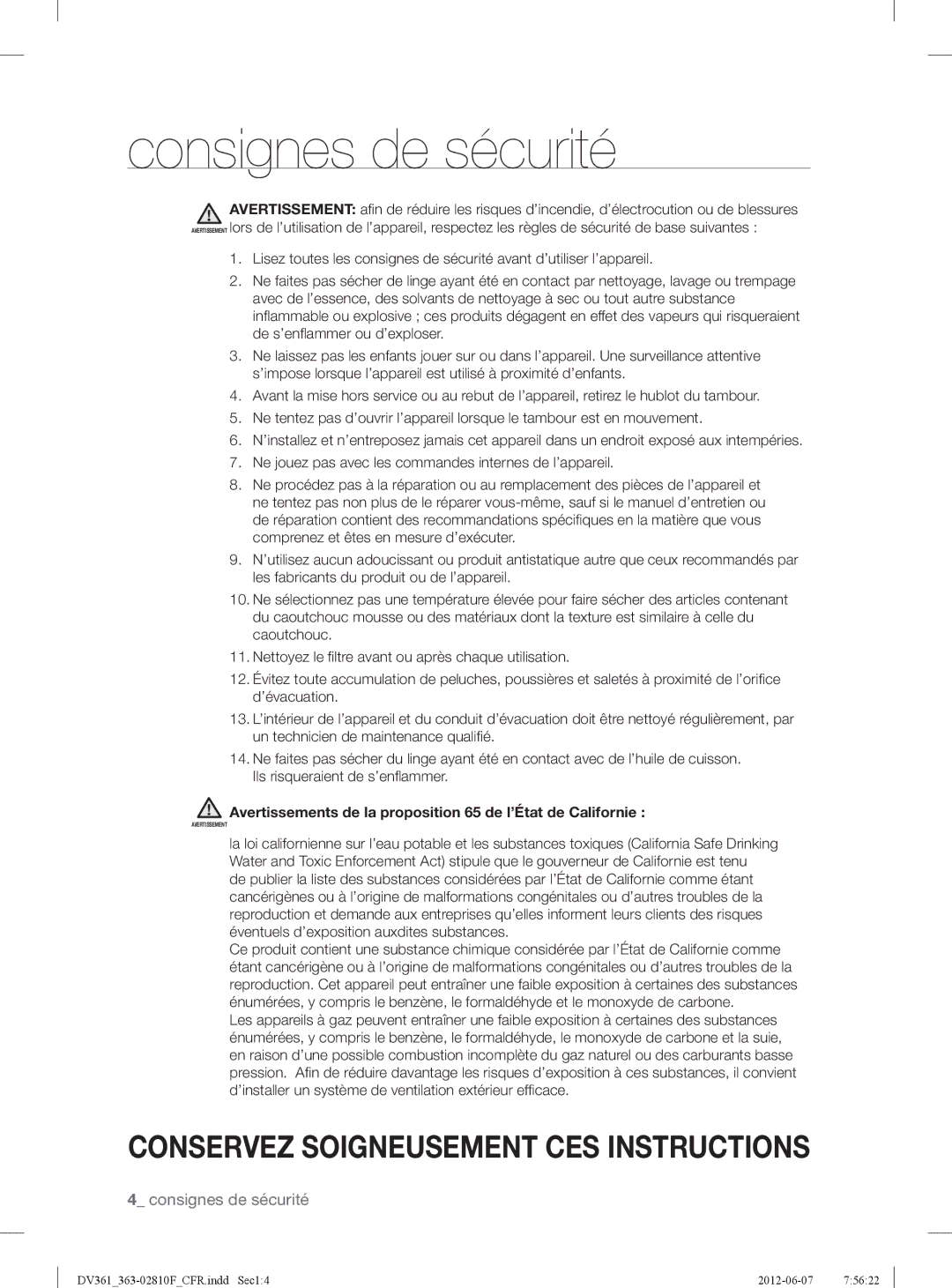 Samsung DV361EWBEWRA3, DV361GWBEWR user manual Avertissements de la proposition 65 de l’État de Californie 