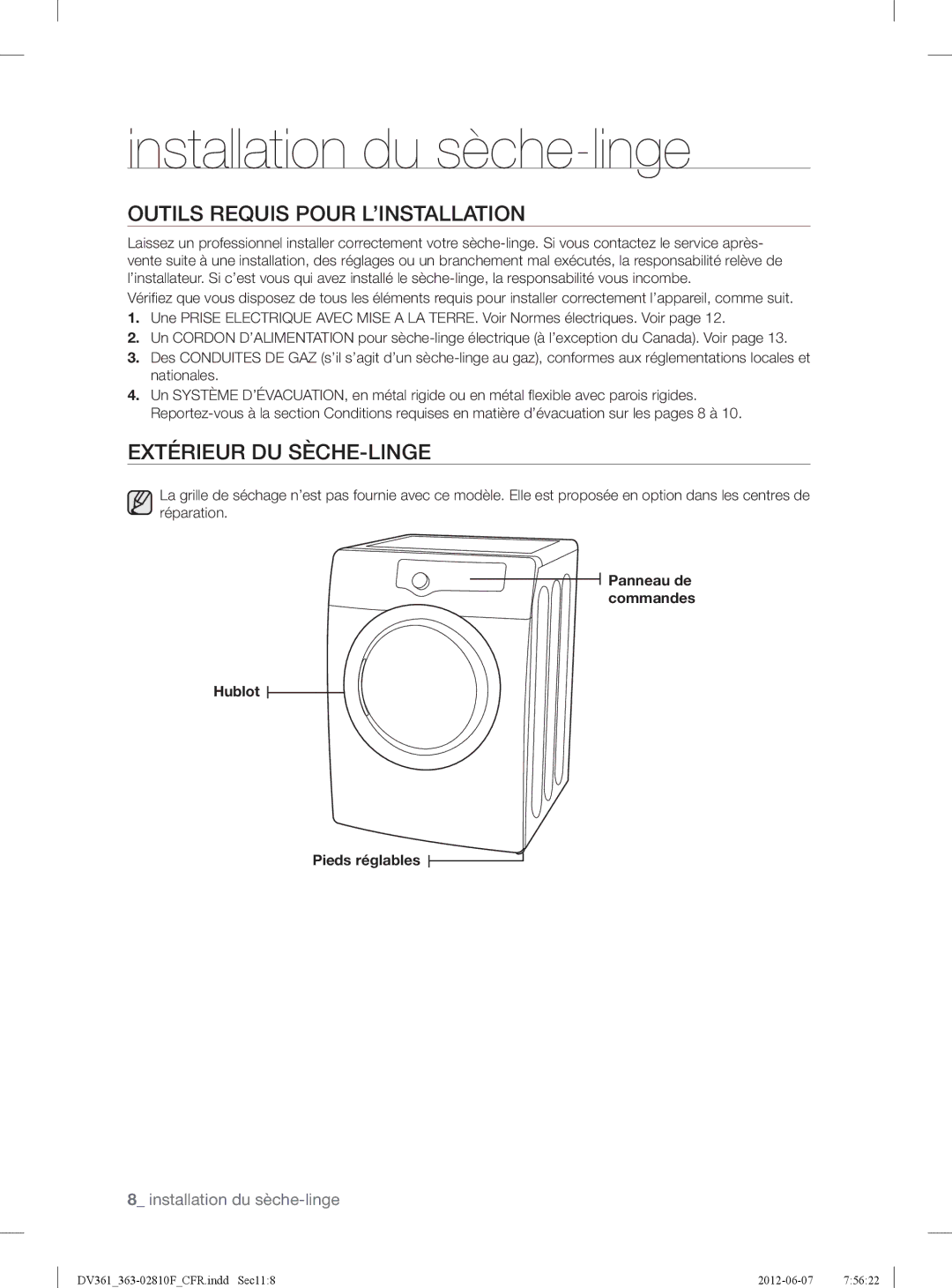 Samsung DV361GWBEWR, DV361EWBEWR Installation du sèche-linge, Outils Requis Pour L’INSTALLATION, Extérieur DU SÈCHE-LINGE 