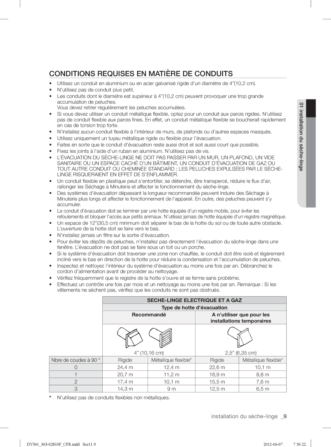 Samsung DV361EWBEWRA3, DV361GWBEWR user manual Conditions Requises EN Matière DE Conduits, SECHE-LINGE Electrique ET a GAZ 