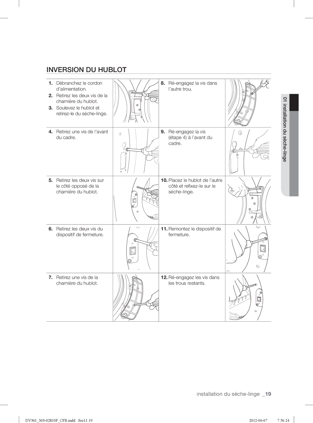 Samsung DV361EWBEWRA3, DV361GWBEWR user manual Inversion DU Hublot 