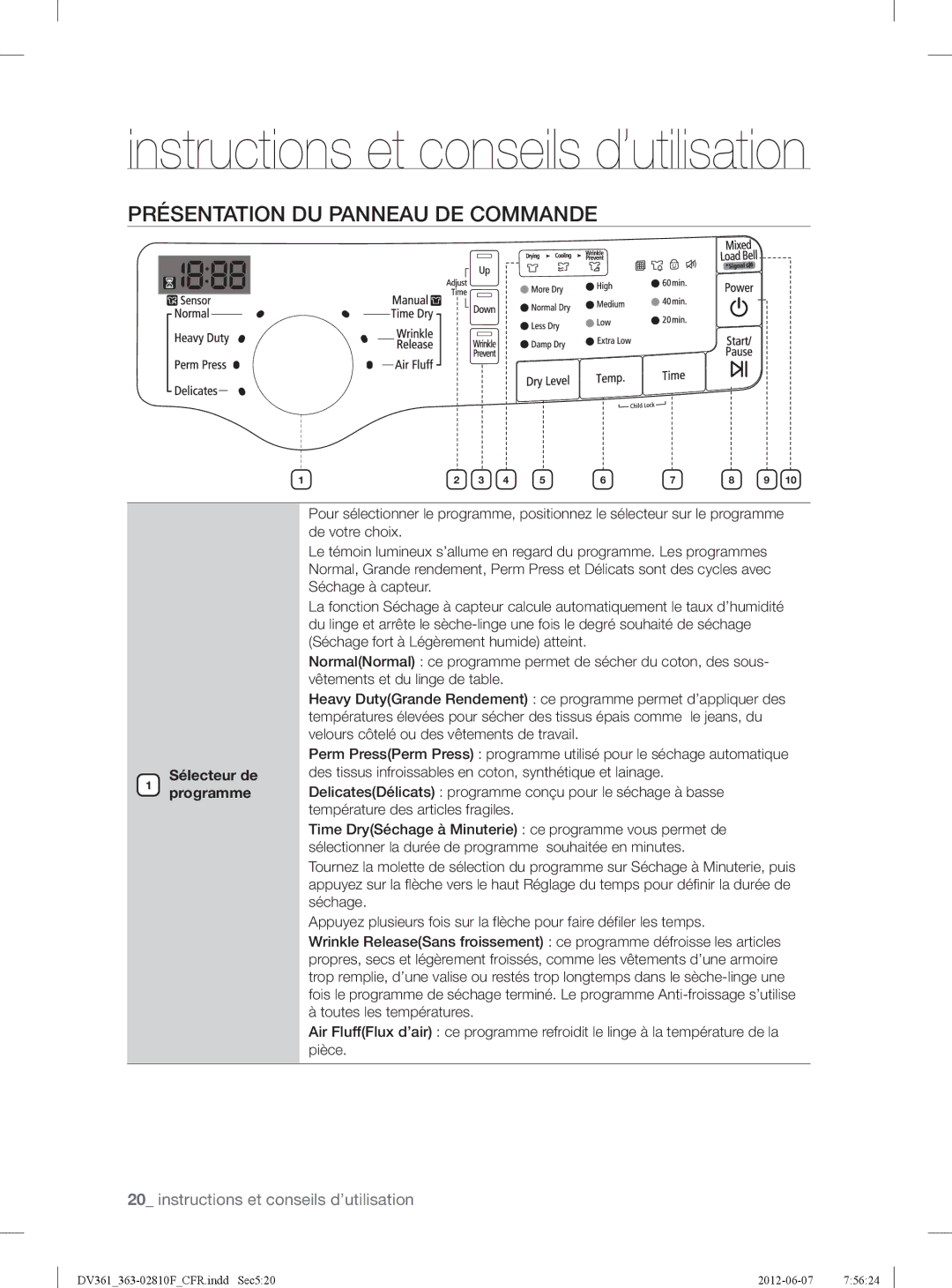 Samsung DV361GWBEWR Instructions et conseils d’utilisation, Présentation DU Panneau DE Commande, Sélecteur de programme 