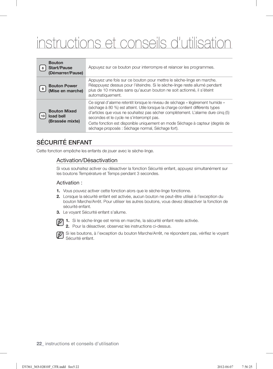 Samsung DV361EWBEWRA3, DV361GWBEWR user manual Sécurité Enfant, Activation/Désactivation 