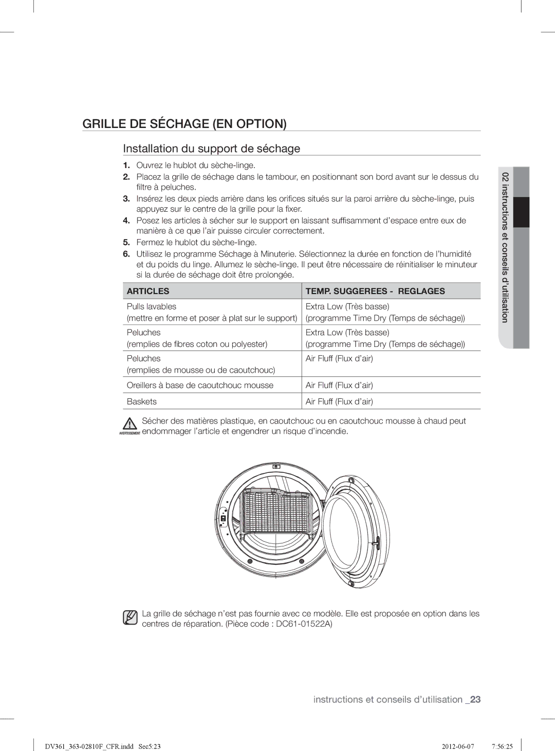 Samsung DV361GWBEWR Grille DE Séchage EN Option, Installation du support de séchage, Articles TEMP. Suggerees Reglages 