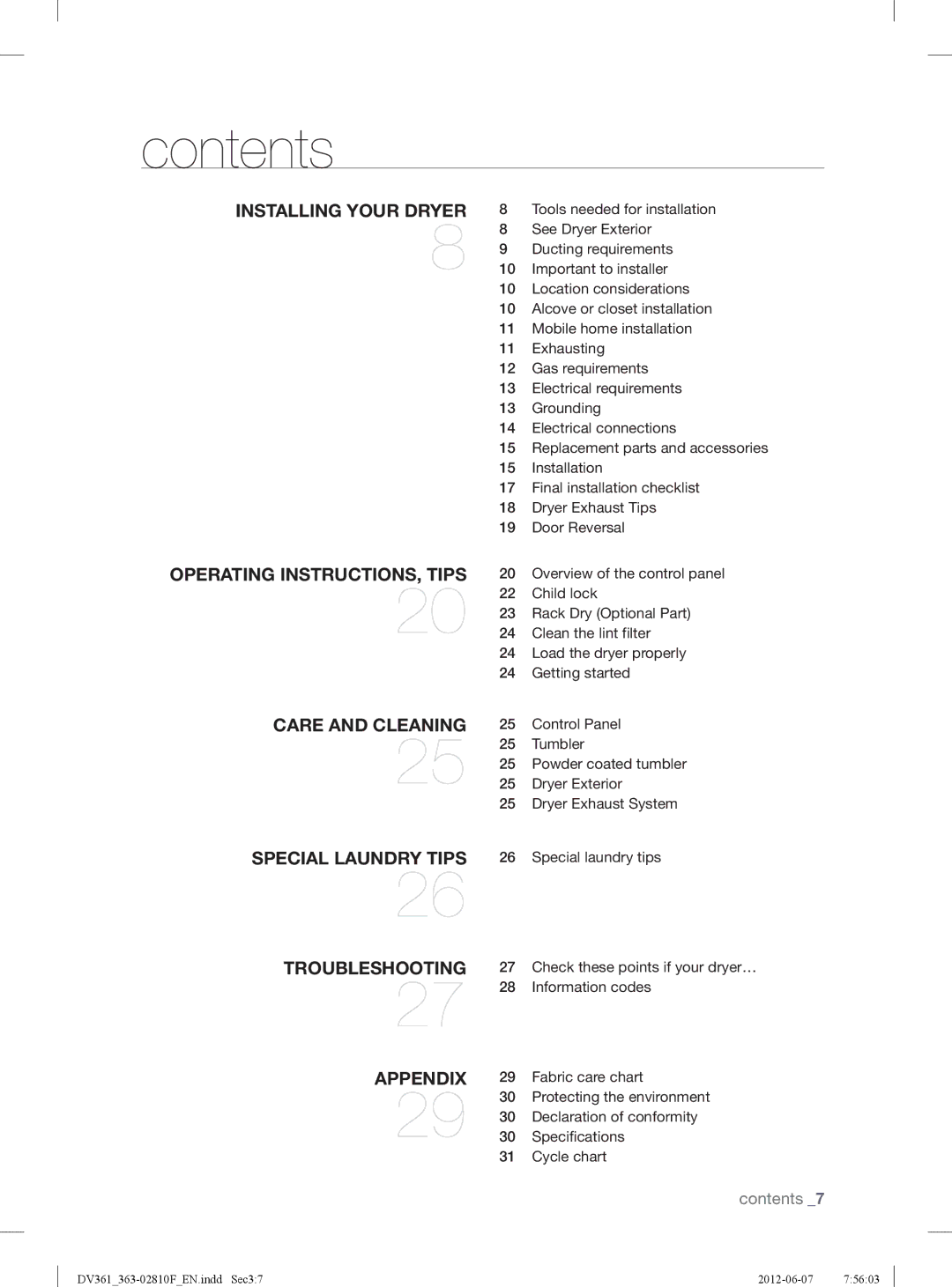 Samsung DV361EWBEWRA3, DV361GWBEWR user manual Contents 