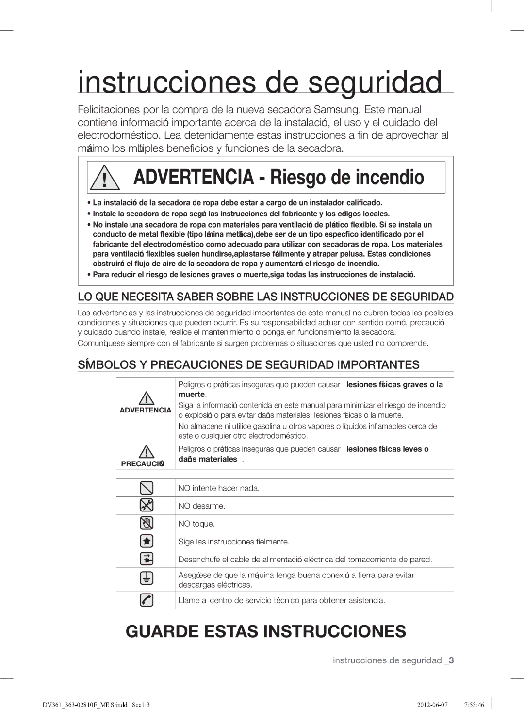 Samsung DV361EWBEWR Instrucciones de seguridad, LO QUE Necesita Saber Sobre LAS Instrucciones DE Seguridad, Muerte 