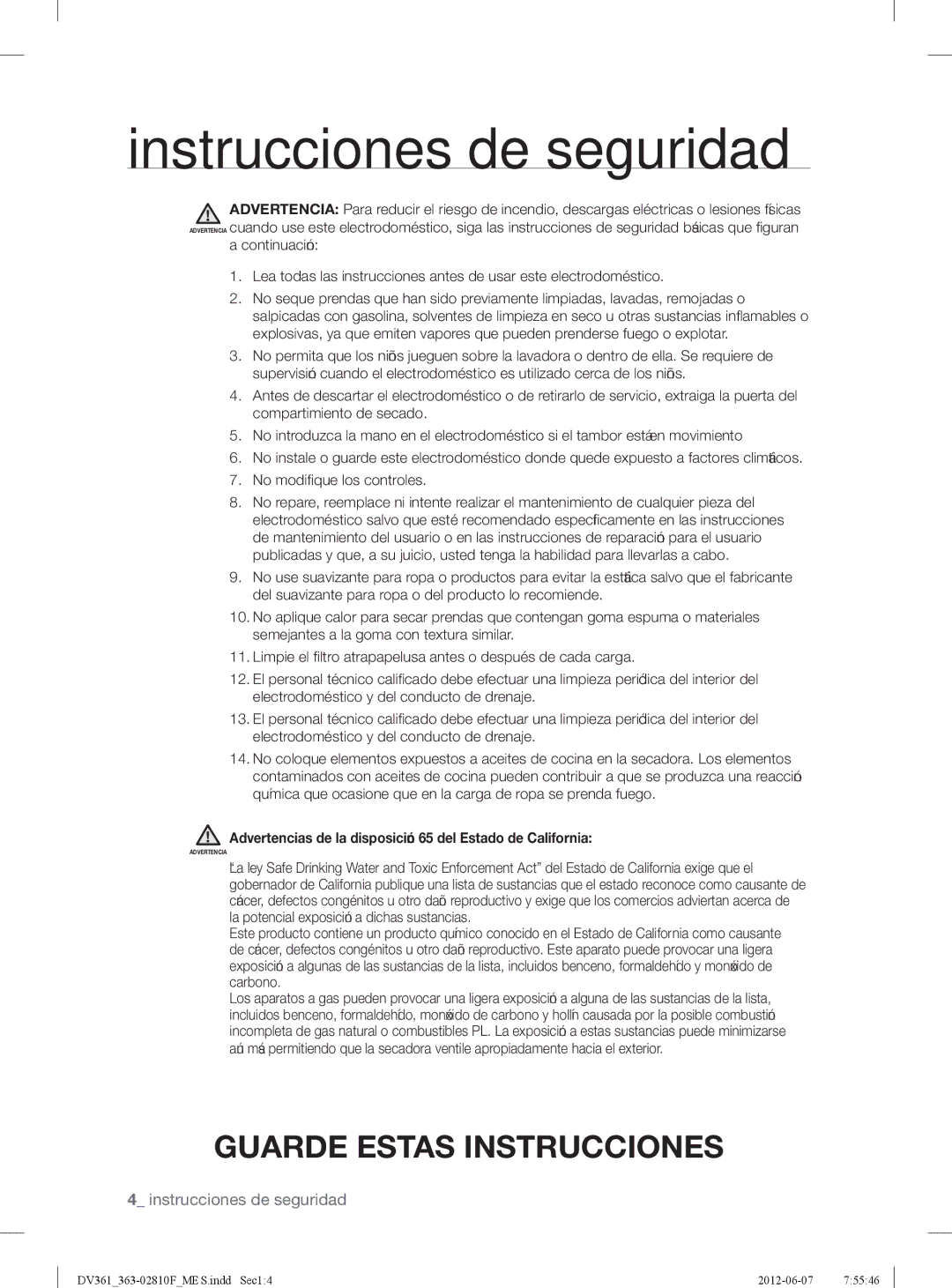 Samsung DV361GWBEWR, DV361EWBEWRA3 user manual Advertencias de la disposición 65 del Estado de California 