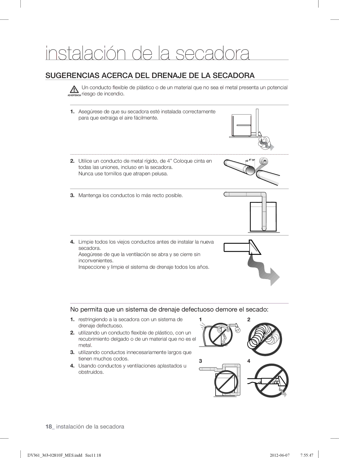 Samsung DV361EWBEWRA3, DV361GWBEWR user manual Sugerencias Acerca DEL Drenaje DE LA Secadora 