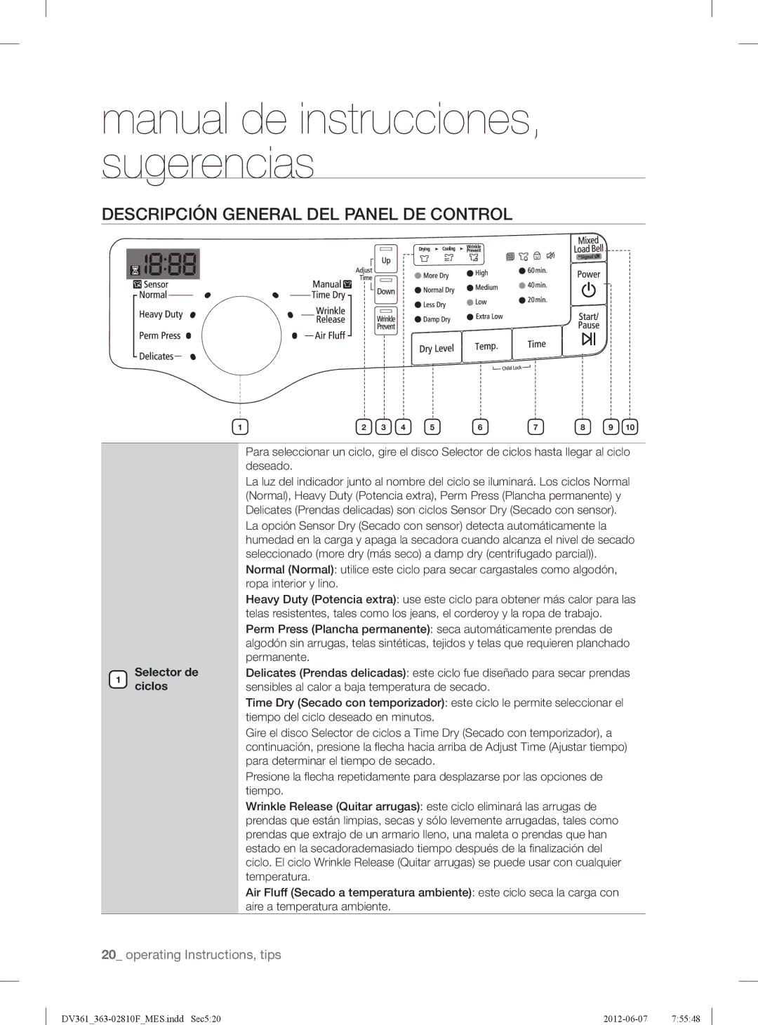 Samsung DV361EWBEWRA3, DV361GWBEWR user manual Descripción General DEL Panel DE Control, Selector de ciclos 