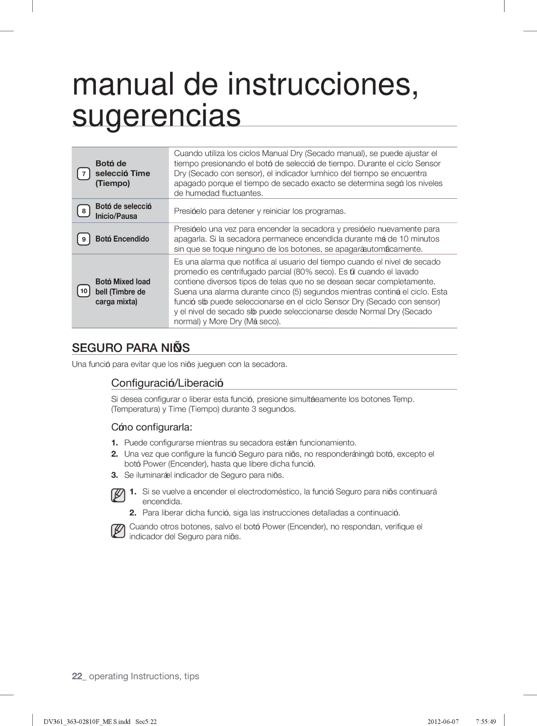 Samsung DV361GWBEWR, DV361EWBEWRA3 user manual Seguro Para Niños, Configuración/Liberación, Cómo configurarla 