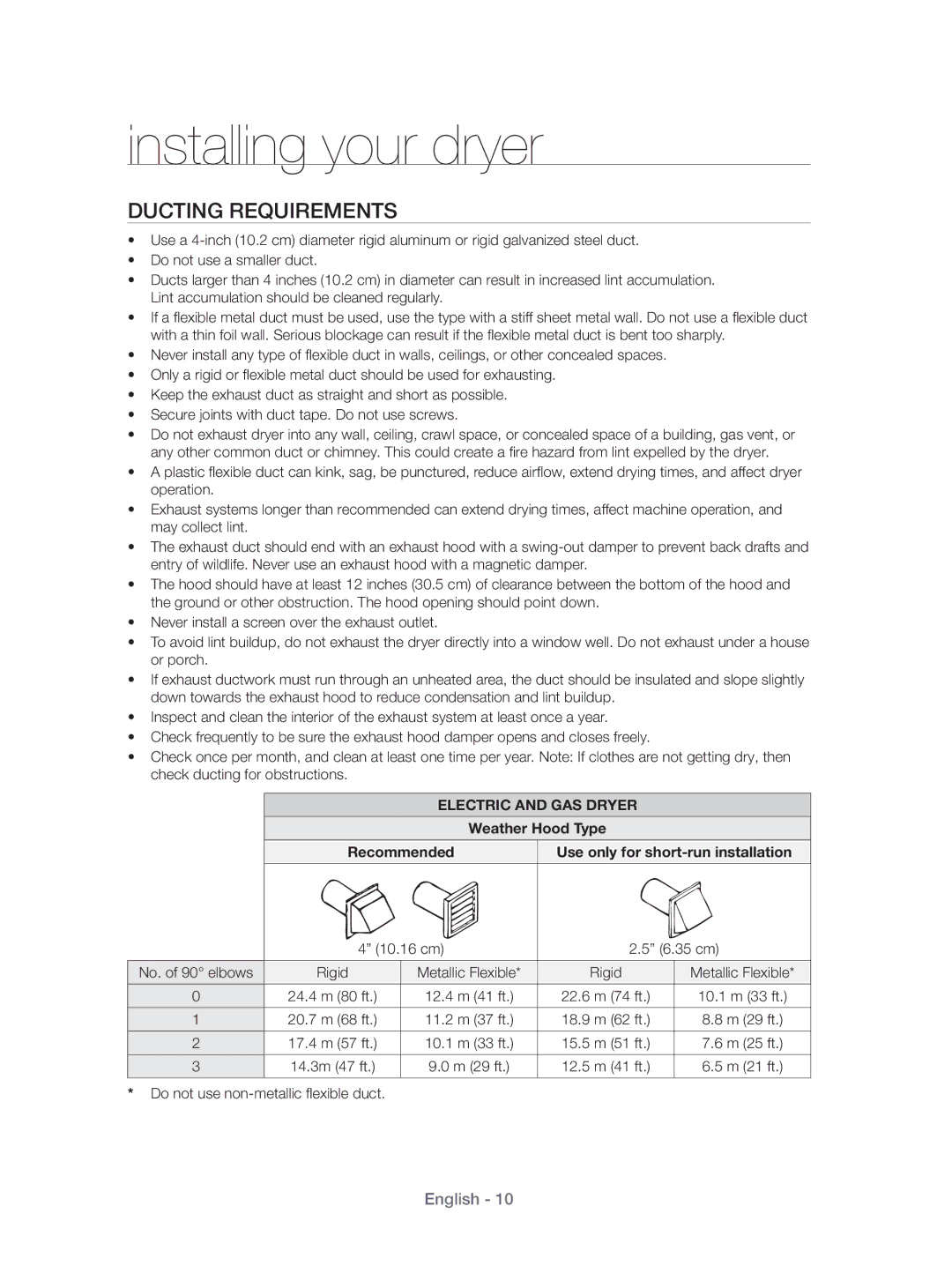 Samsung DV431AEP/XEU manual Ducting Requirements, Weather Hood Type Recommended 