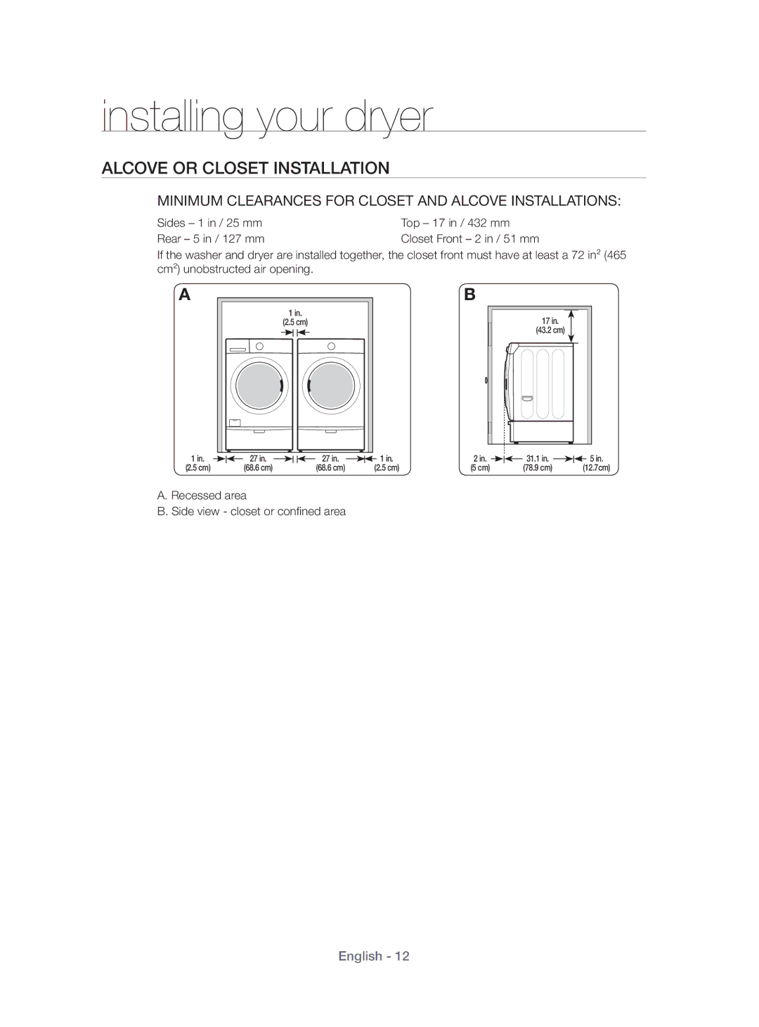 Samsung DV431AEP/XEU manual Alcove or Closet Installation, Minimum Clearances for Closet and Alcove Installations 